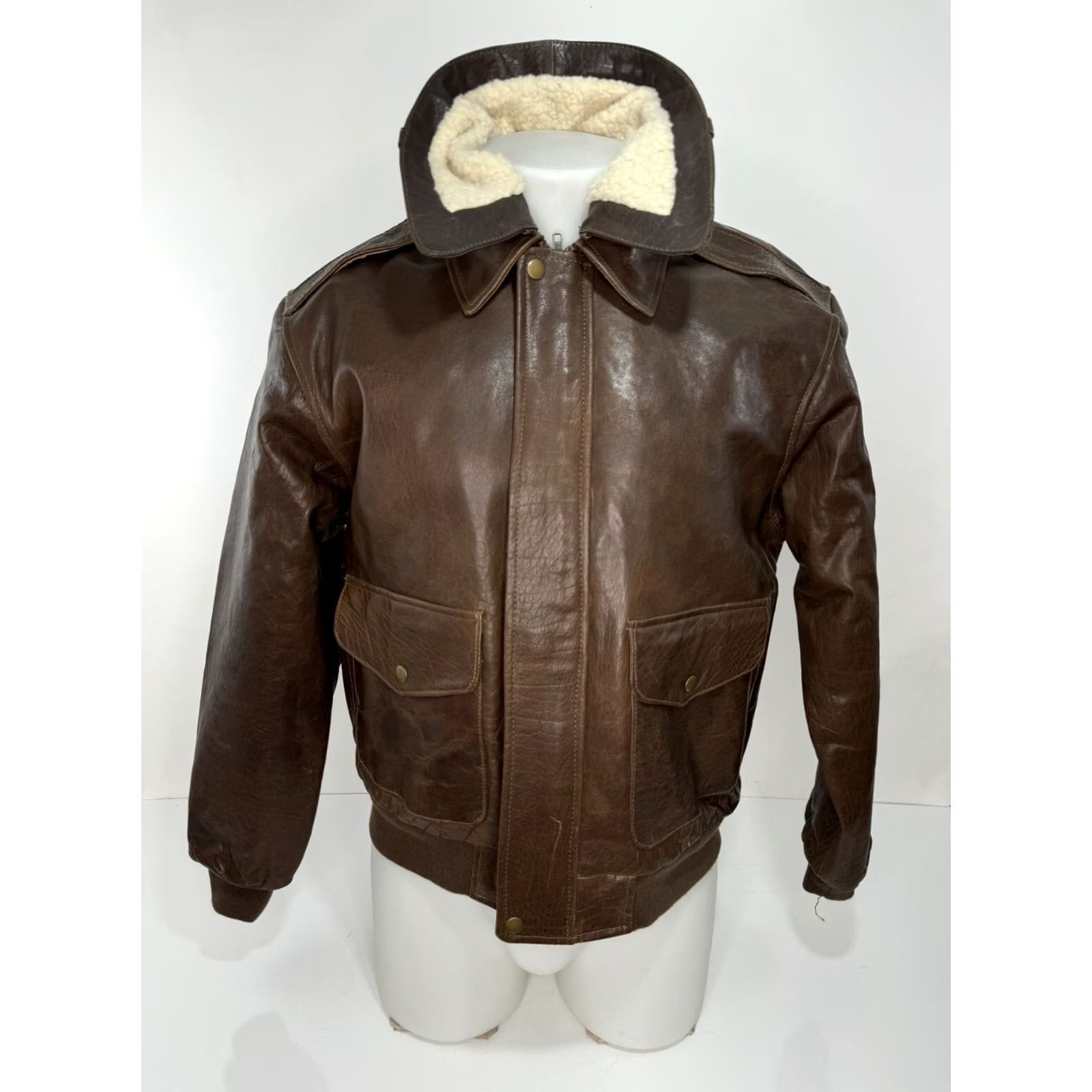 Vintage AMERICAN HIDE & LEATHER Bomber Jacket - S - Brown - Leather - Removable Fleece Collar - Full Zip - Men's Shirt/Jacket? Size US S / EU 44-46 / 1 - 2 Thumbnail