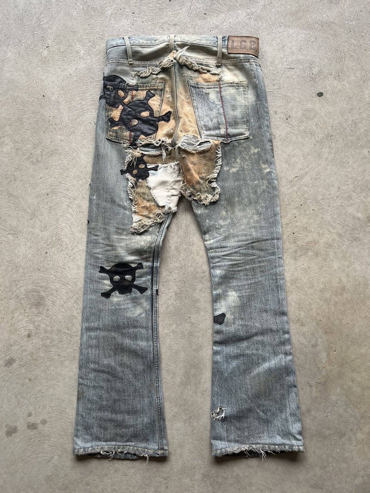 Pre-owned If Six Was Nine X Le Grande Bleu L G B Lgb ‘crazy Wolf' Skull Patch Flared Jeans In Denim