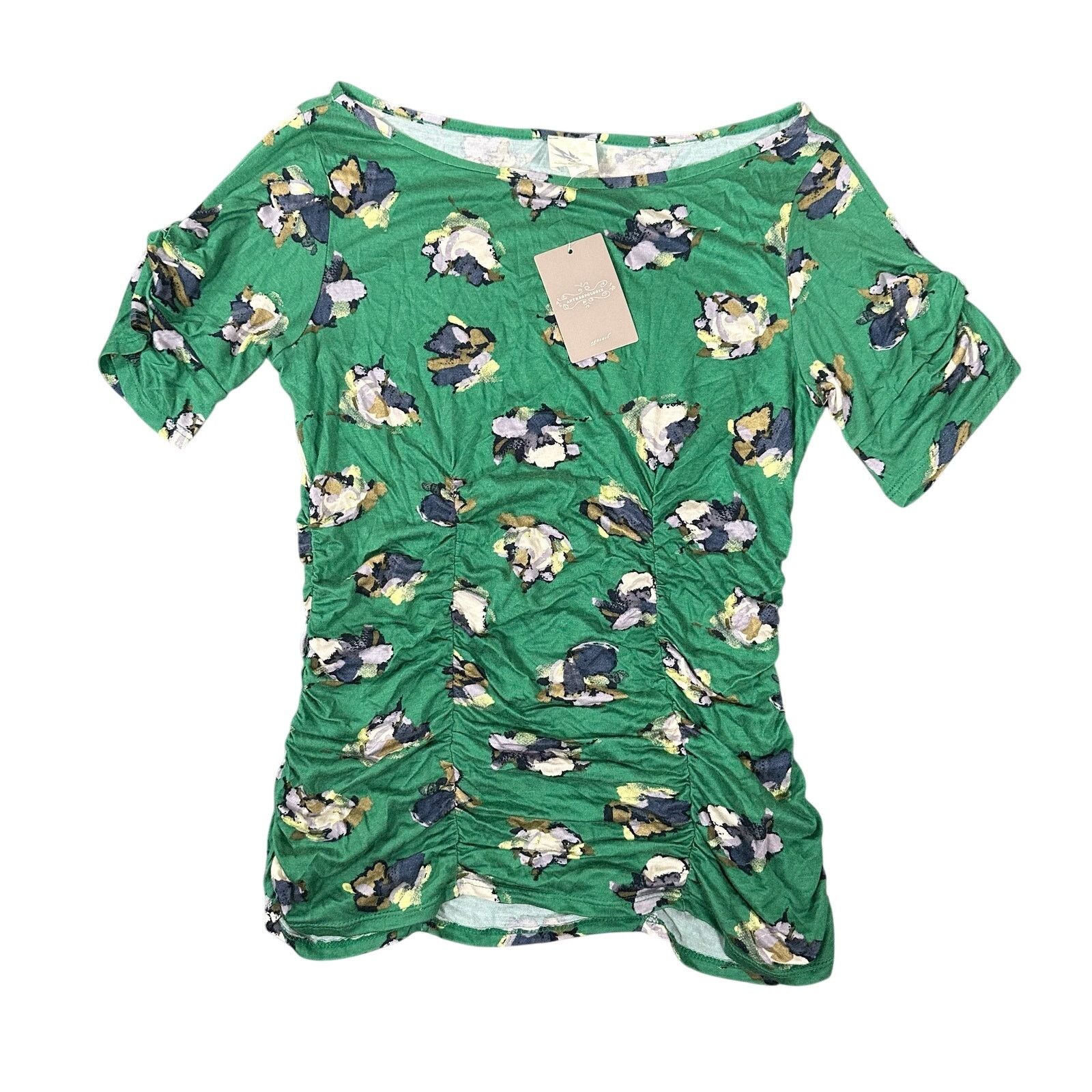 Anthropologie Anthropologie Ruched Floral Short Sleeve Blouse Top Green Size S / US 4 / IT 40 - 1 Thumbnail