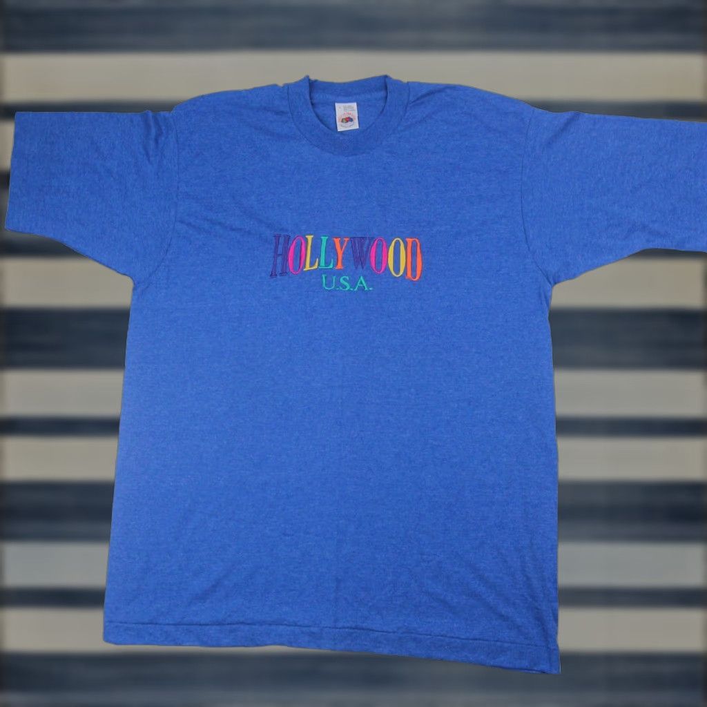 Rainbow VINTAGE Hollywood Mens T-Shirt Blue Rainbow Spellout Embroidered 50/50 21.5x29 Large (L) Shirts Mens Size US L / EU 52-54 / 3 - 1 Thumbnail