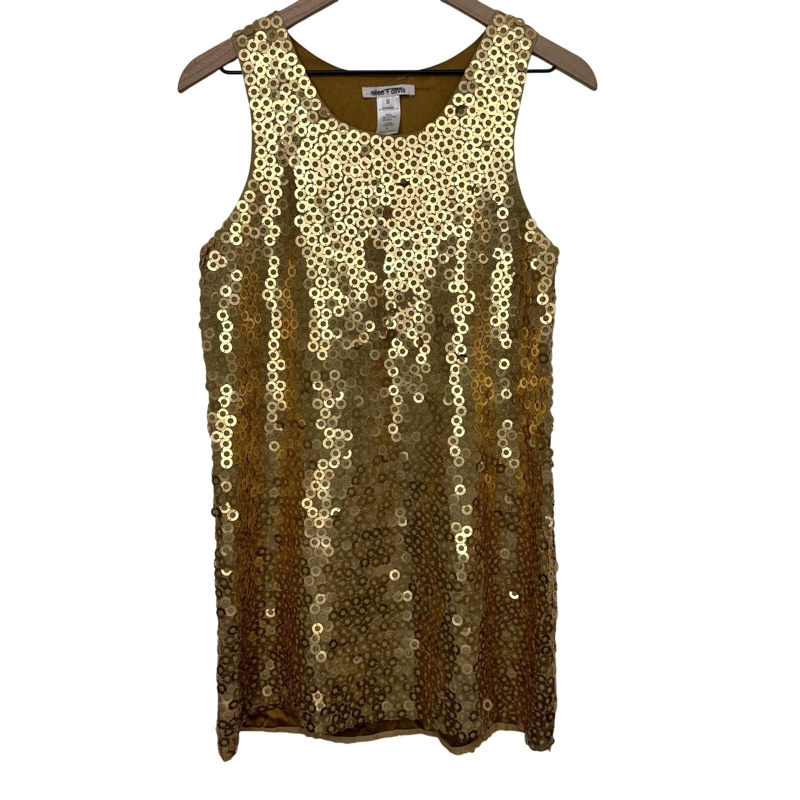 Alice + Olivia Alice + Olivia Gold Sequin Mini Shift Dress 100% Silk Lined Size S / US 4 / IT 40 - 2 Thumbnail