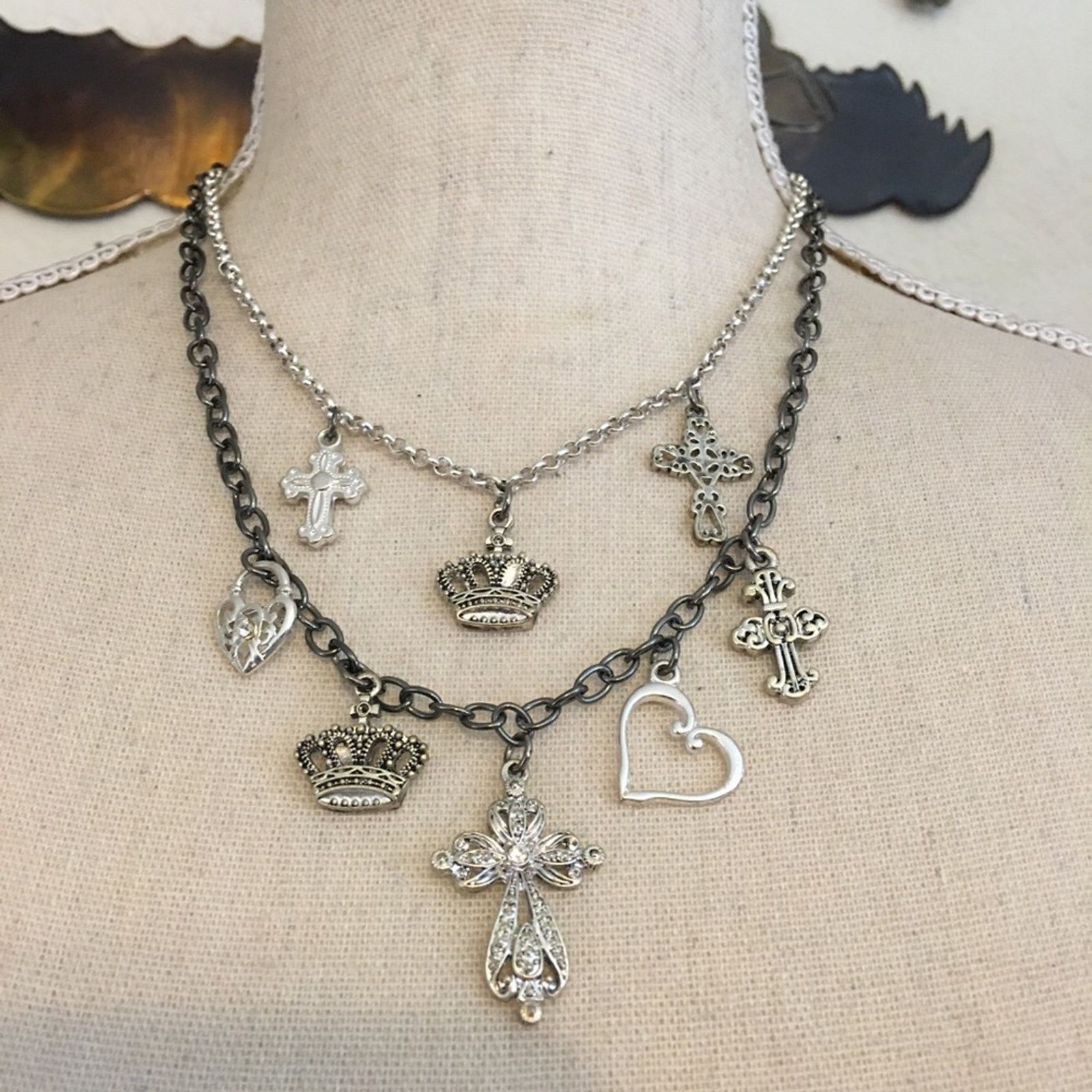 Jewelry Two Tone Rhinestone Cross Charm Necklace in Silver, Women's