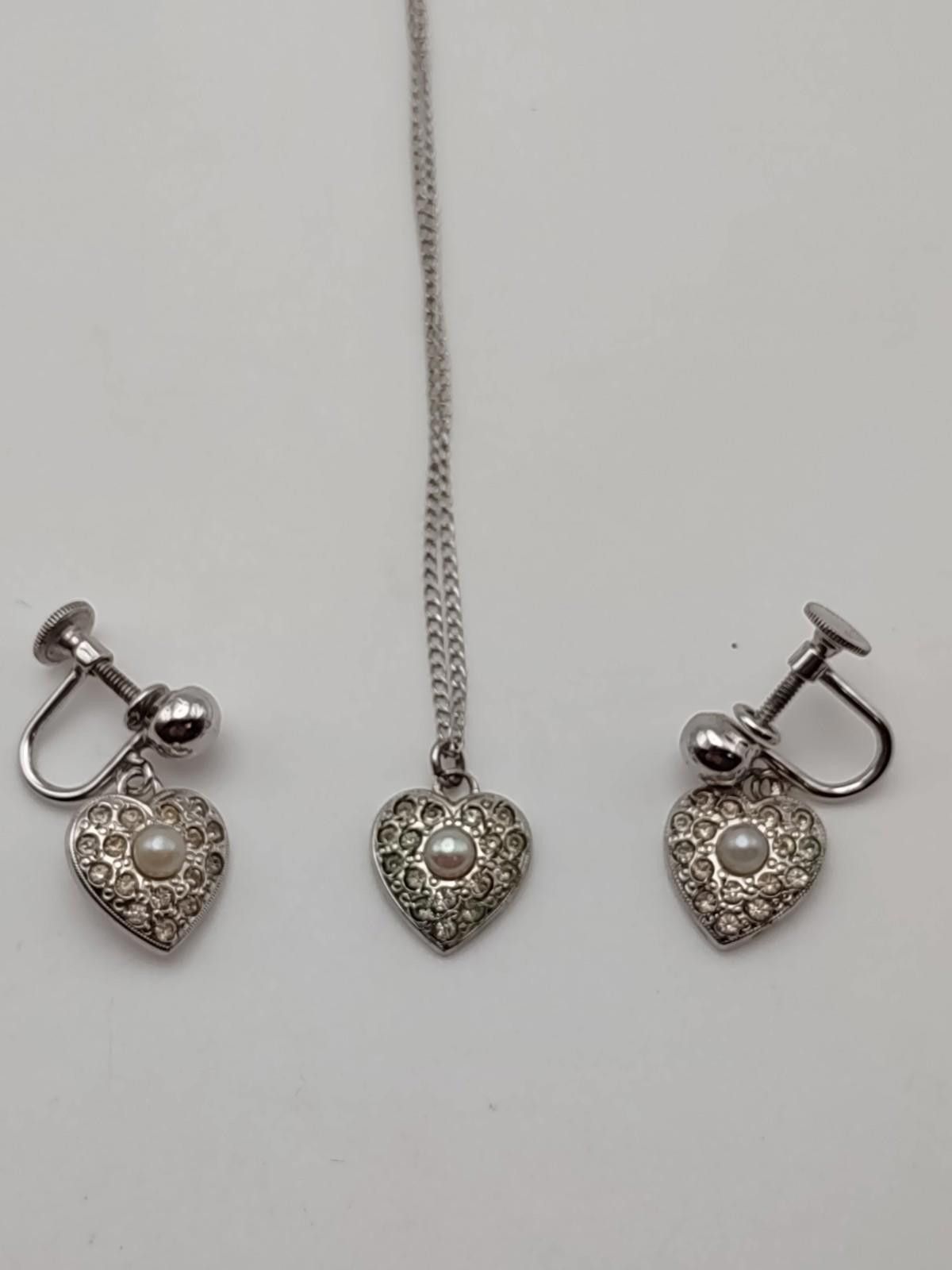 Vintage Sterling Heart Necklace & Screw Back Earrings Set