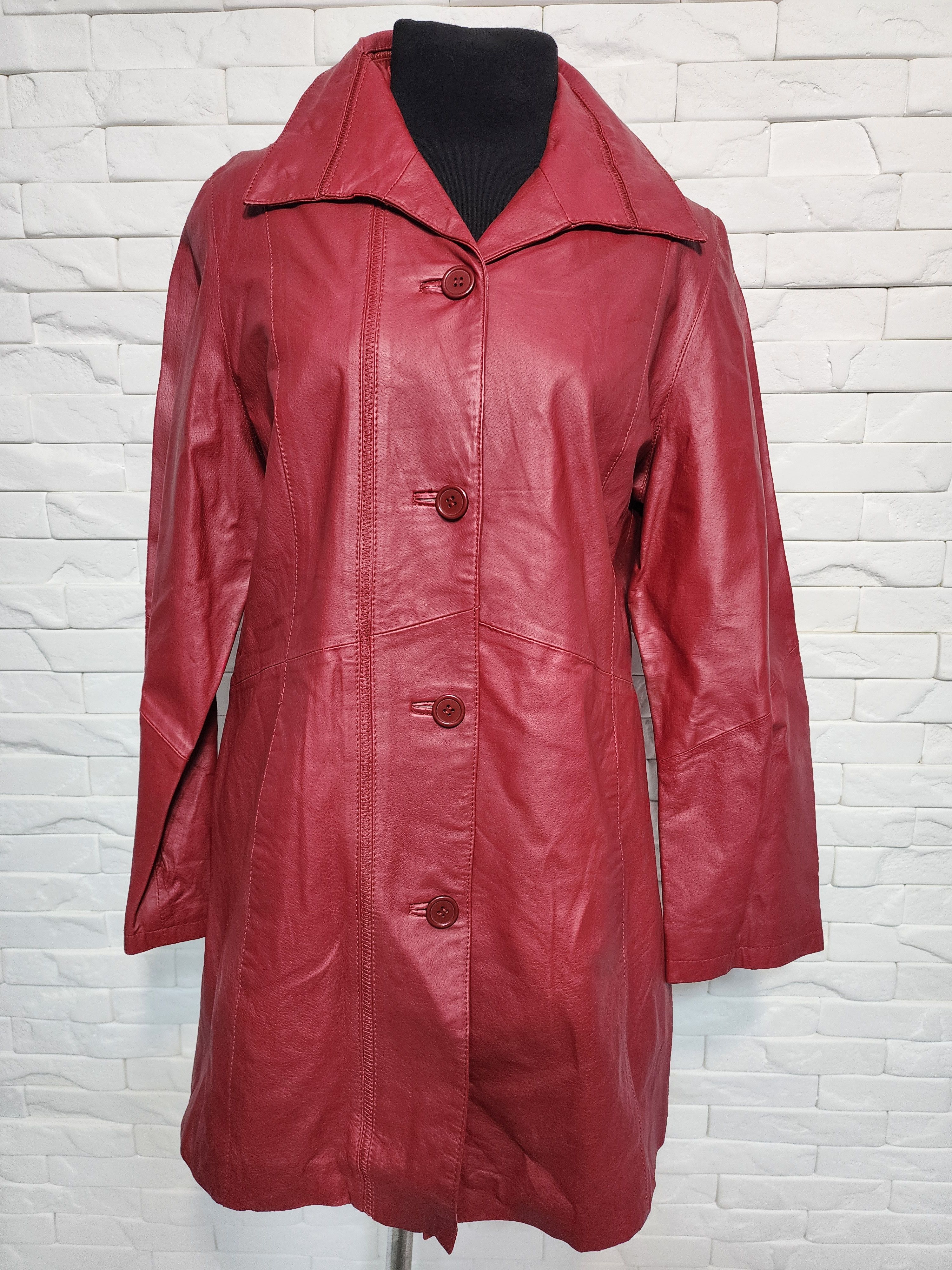 Designer Long Red Leather Jacket: Size XL / US 12-14 / IT 48-50 - 1 Thumbnail