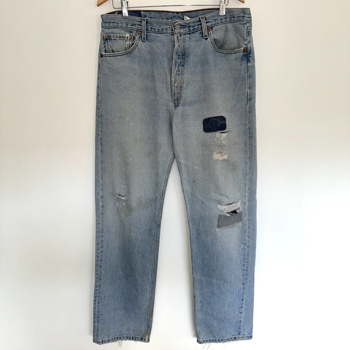 image of Vintage Levis 501 Light Washed Jeans Grunge Distressed in Blue Denim, Men's (Size 36)