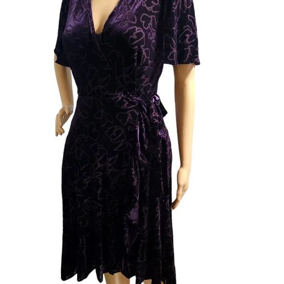 Calvin Klein Short Sleeve V-Neck Ruffled Hem Faux Wrap Velvet Purple Size XS / US 0-2 / IT 36-38 - 5 Thumbnail
