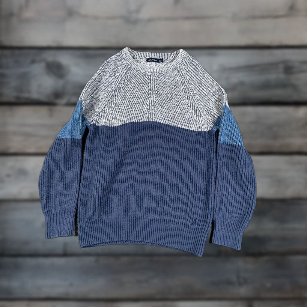 Nautica VTG Nautica Y2K Preppy Striped Sweater Adult Large Dark Blue Gray Colorblock Chunky Knit Size US L / EU 52-54 / 3 - 1 Thumbnail