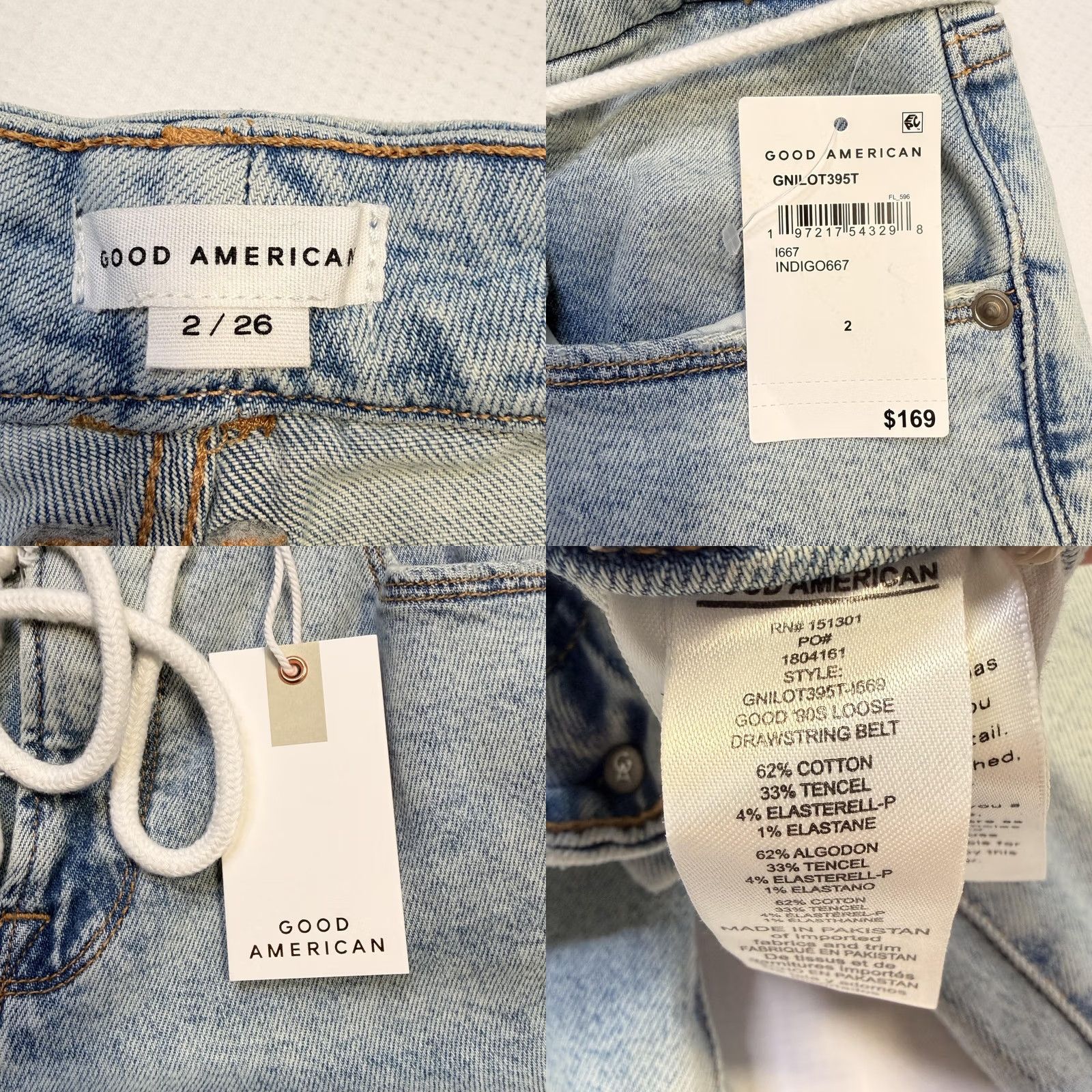 Good American Good American Jeans Womens 2 Light Wash 90s Loose Low Rise Drawstring Belted Pockets Zip Fly Straight 32in Inseam Size 26" / US 2 / IT 38 - 8 Thumbnail