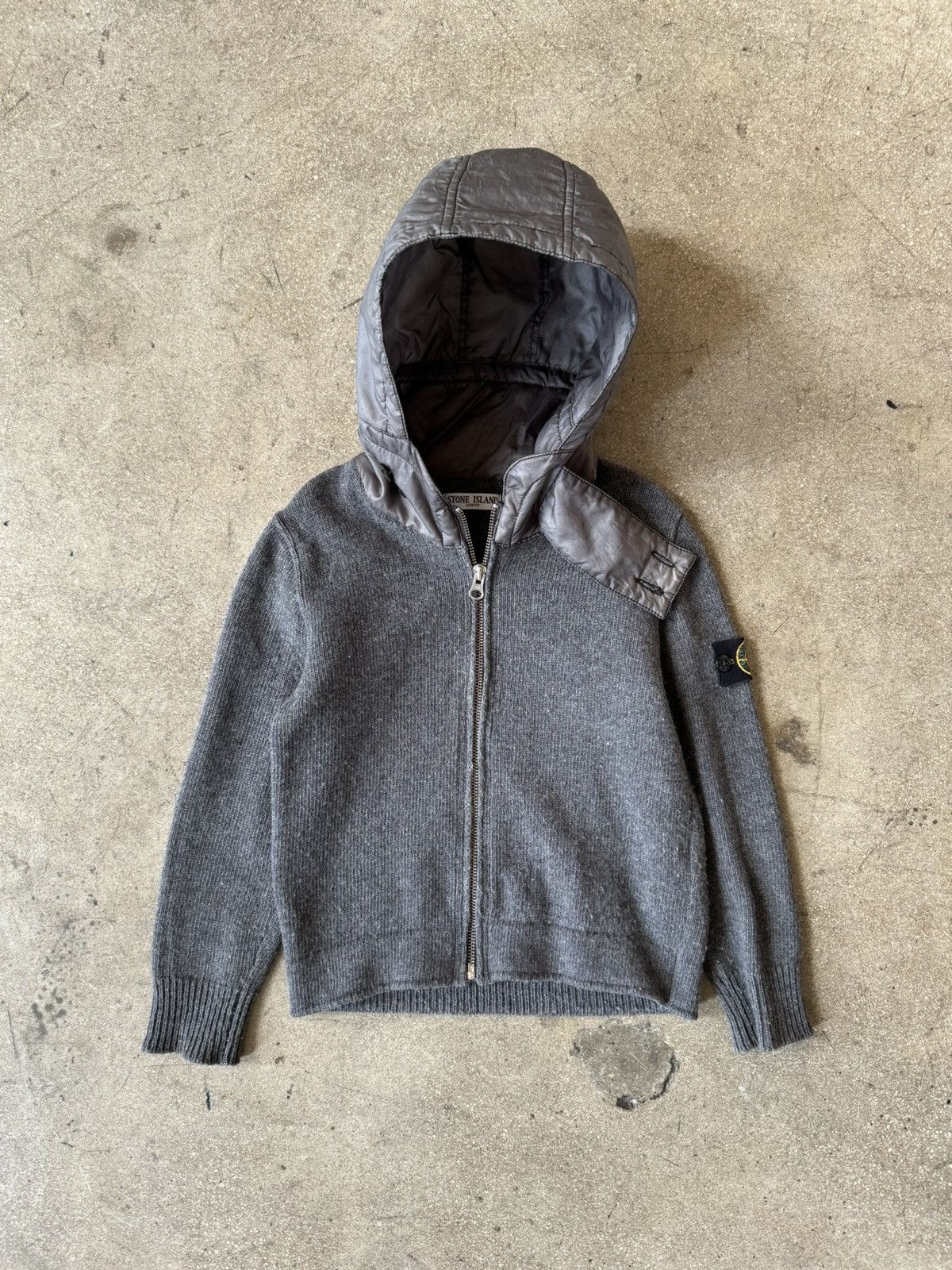 image of 2008 Stone Island Junior Wool Zip Up With Nylon Hood in Grey, Men's (Size 2XS)