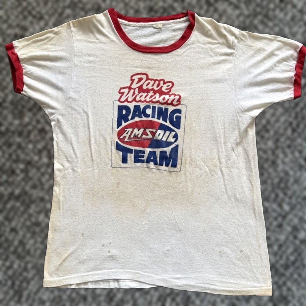 Vintage VINTAGE 70s Dave Watson AMS Oil Racing Team Ringer T Shirt XL White Cotton Graphic Print NASCAR Cars Racing Men Short Sleeve Crew Neck Logo 70s Size US XL / EU 56 / 4 - 1 Thumbnail