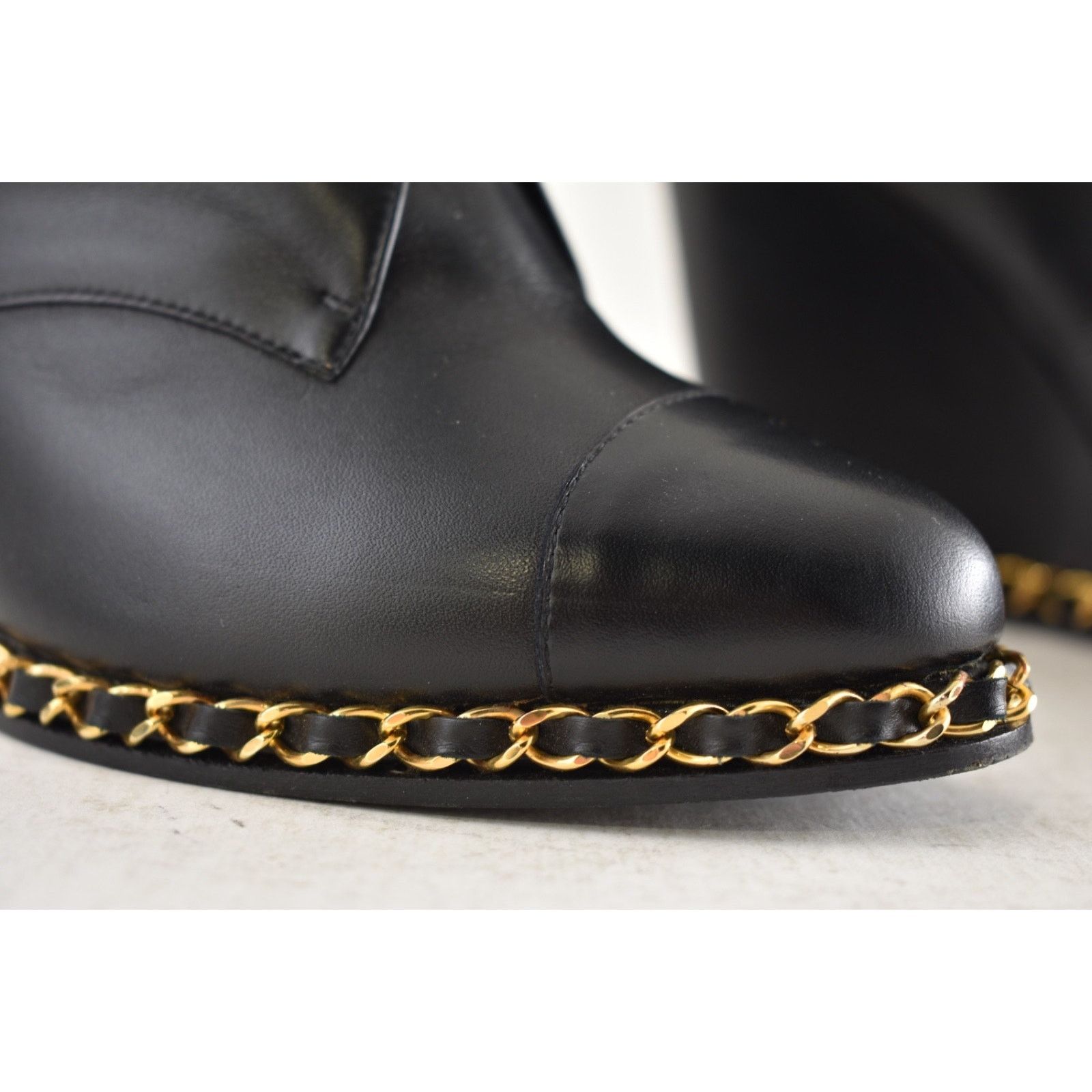 Chanel Chanel Black Leather Chain CC Lace Up Ankle Wedge Boot 38.5 Size US 8.5 / IT 38.5 - 5 Thumbnail