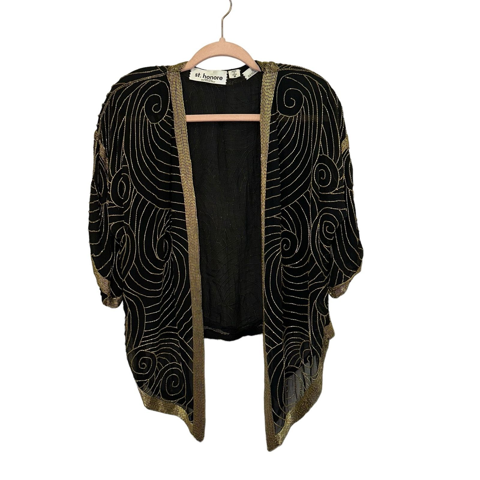 Vintage St. Honore Vintage Black & Gold Silk Beaded Jacket Top Size M / US 6-8 / IT 42-44 - 2 Thumbnail