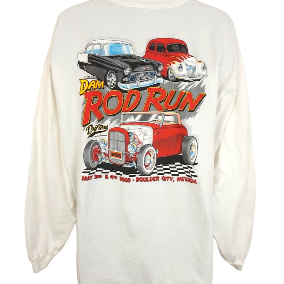Hanes VINTAGE Hanes T-Shirt Mens 2XL White Cotton Crew Neck Long Sleeve Y2K 2003 Hot Rod Car Show Double-Sided Graphic Print Size US XXL / EU 58 / 5 - 2 Thumbnail
