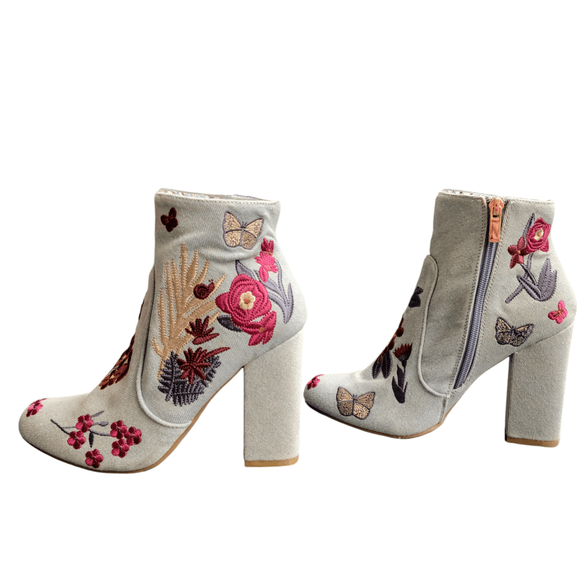 United Bamboo Bamboo Blue Embroidered Flowers & Butterfly Heeled Booties Size US 8 / IT 38 - 1 Thumbnail