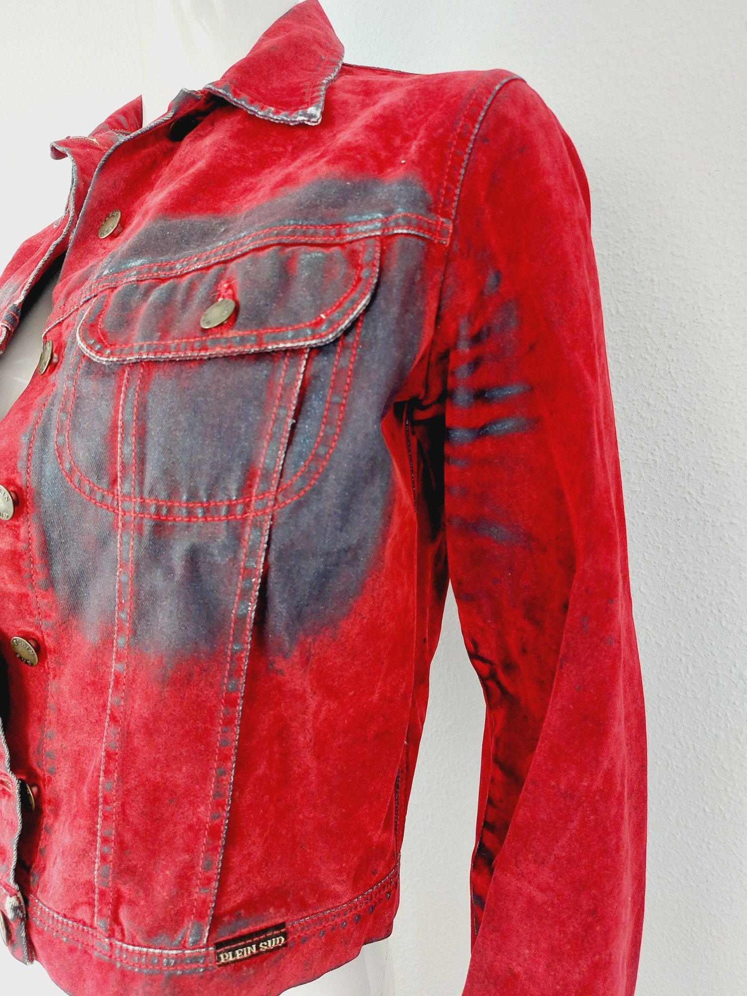 plein sud Plein Sud Red Blood Velvet Shadow Tar Denim Jacket Size M / US 6-8 / IT 42-44 - 13 Thumbnail