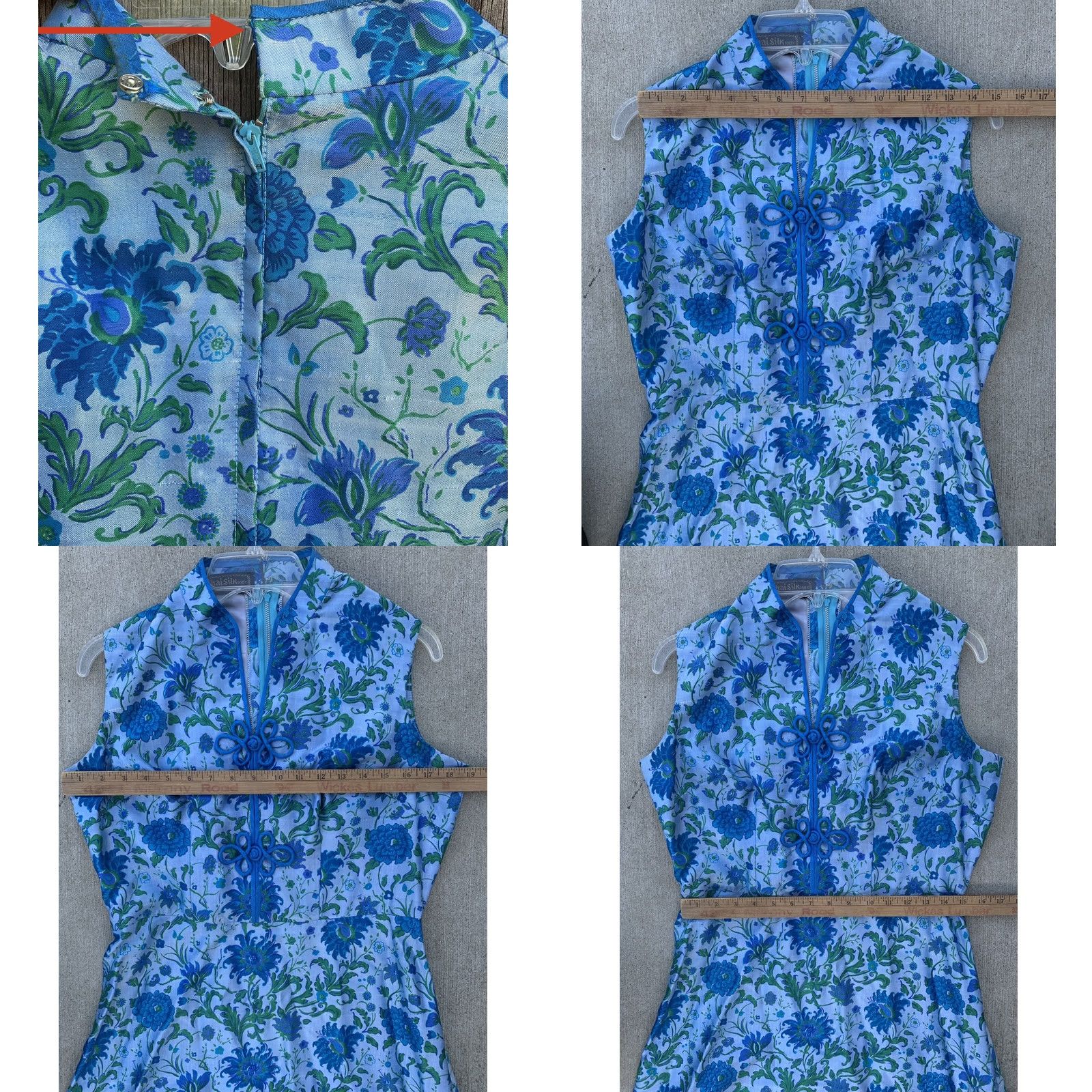 Vintage VINTAGE Thai Silk Dress Floral Metal Zipper cheongsam tiki mod Dress 100% Silk Blue 1960s Womens Size 4XL / US 24-26 - 10 Thumbnail
