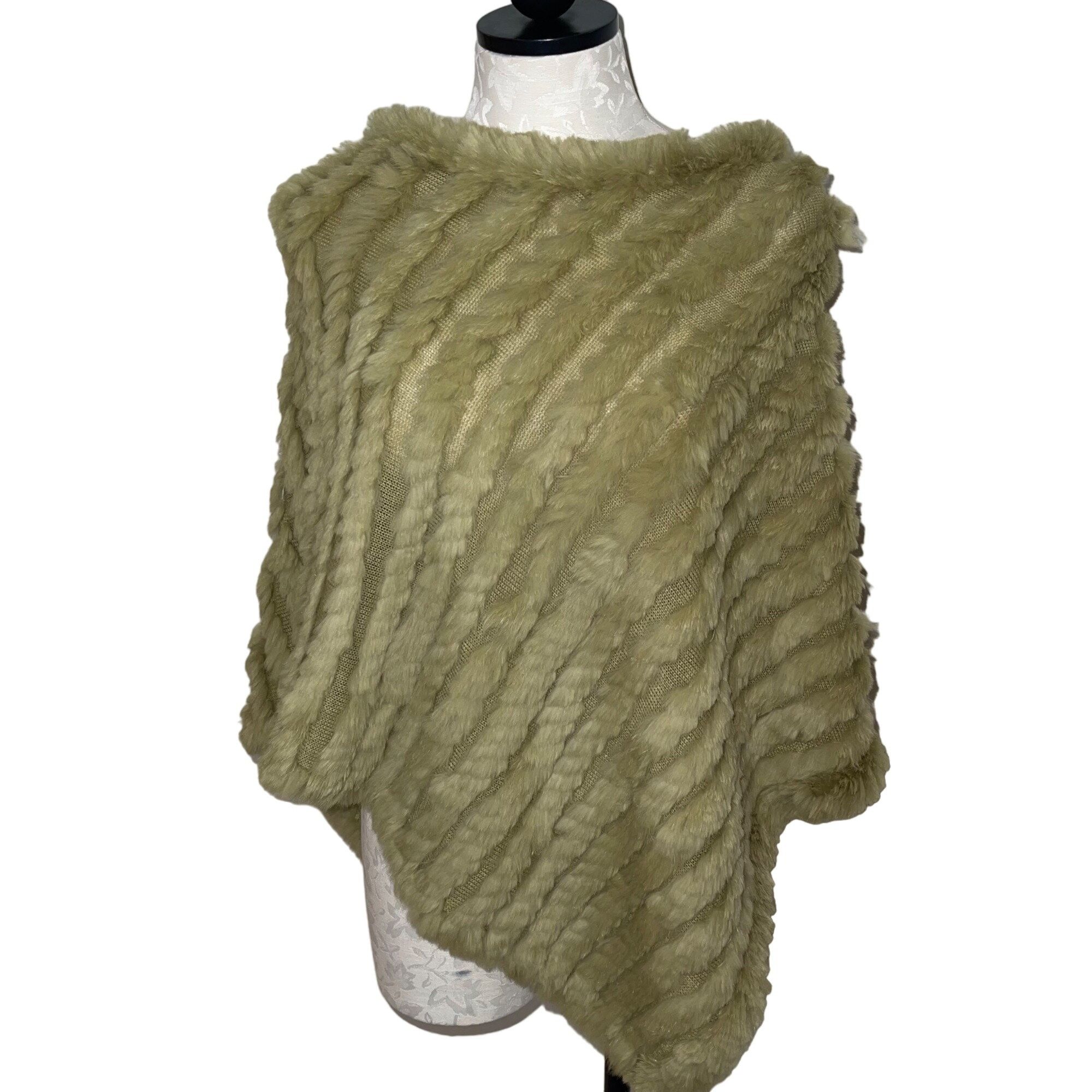 Black Rivet Rabbit Fur Knit Poncho One Size Sage Green