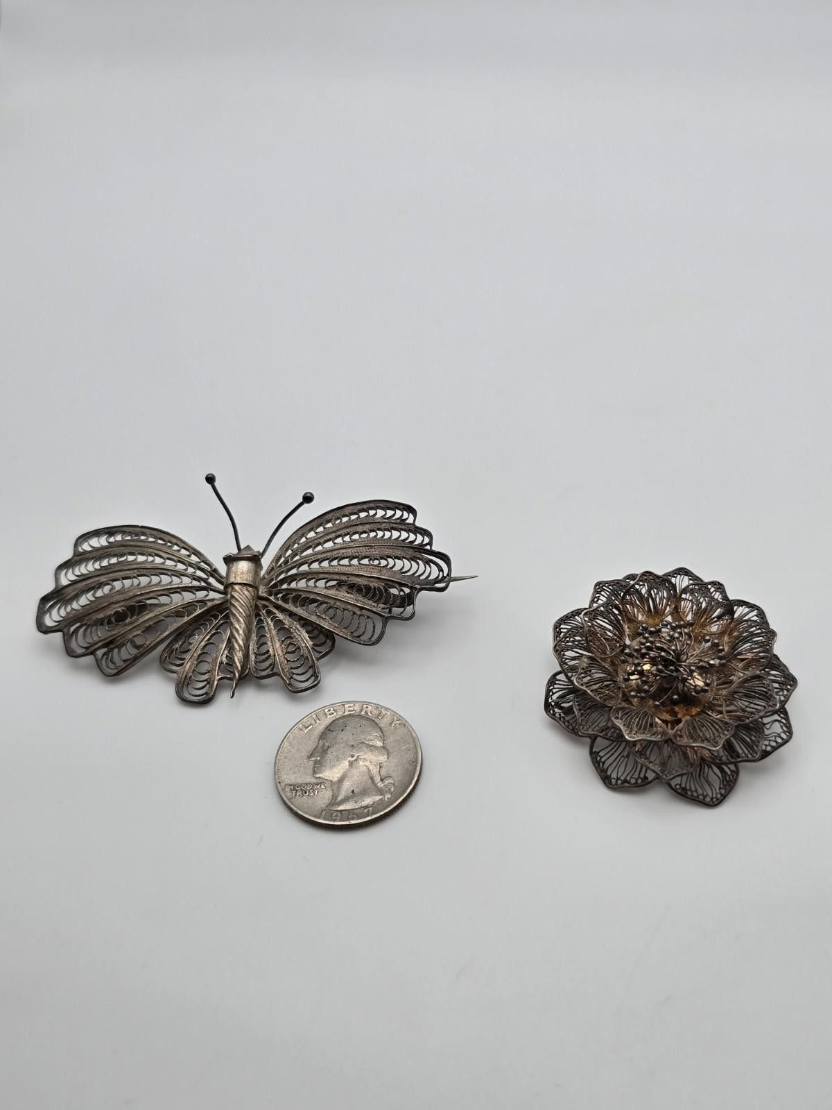 Other Antique Silver Filigree Butterfly & Layered Flower Brooch Size ONE SIZE - 1 Thumbnail