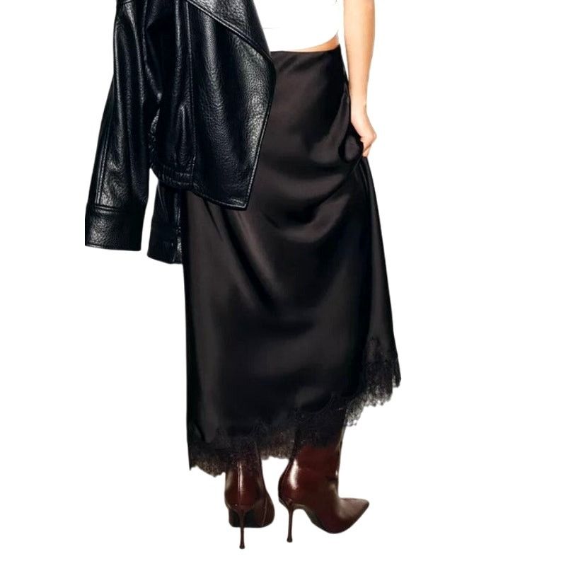 Zara Zara Womens Black Satin Effect Lace Trim Mid-Rise Midi Skirt Size 27" / US 4 / IT 40 - 3 Thumbnail