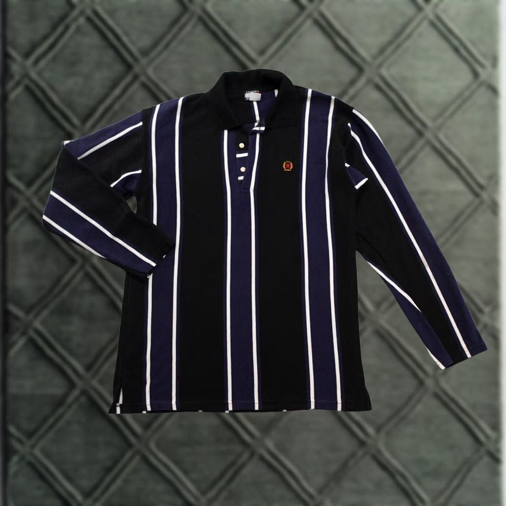 Tommy Hilfiger TOMMY HILFIGER Shirt XL Blue White Black Vertical Striped Polo Men Long Sleeve Button-Up Vintage Size US XL / EU 56 / 4 - 1 Thumbnail