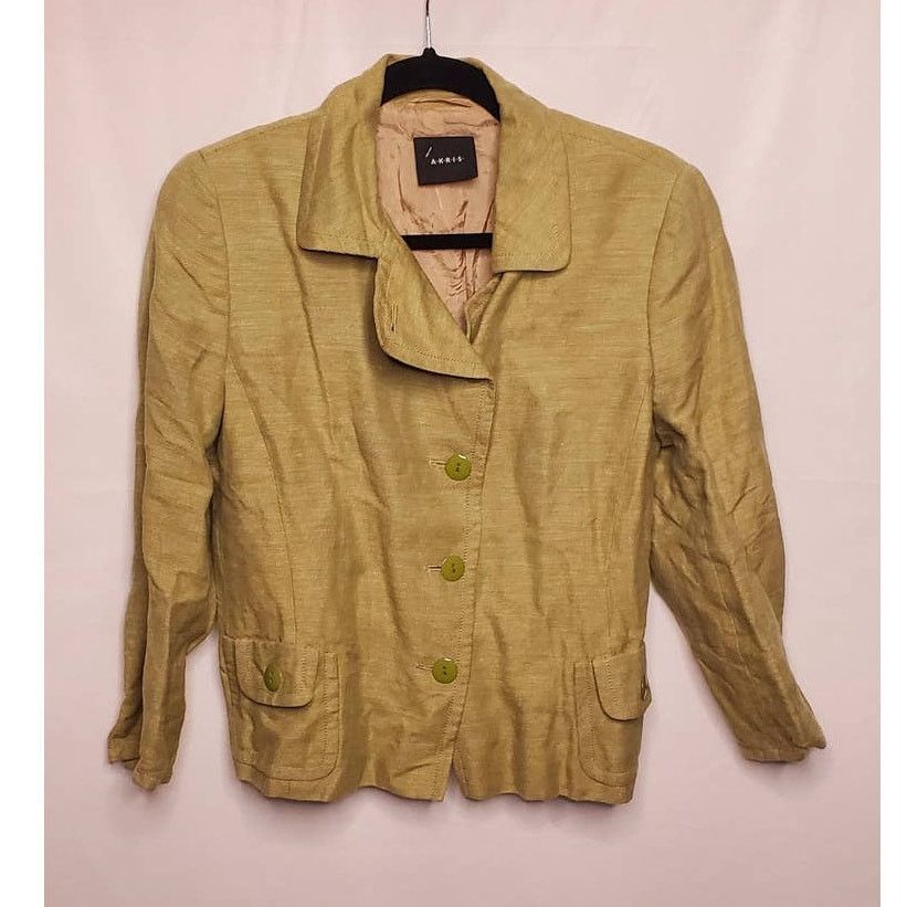 Akris AKRIS Designer Classic Green Linen & Silk Blend Blazer Size L / US 10 / IT 46 - 3 Thumbnail