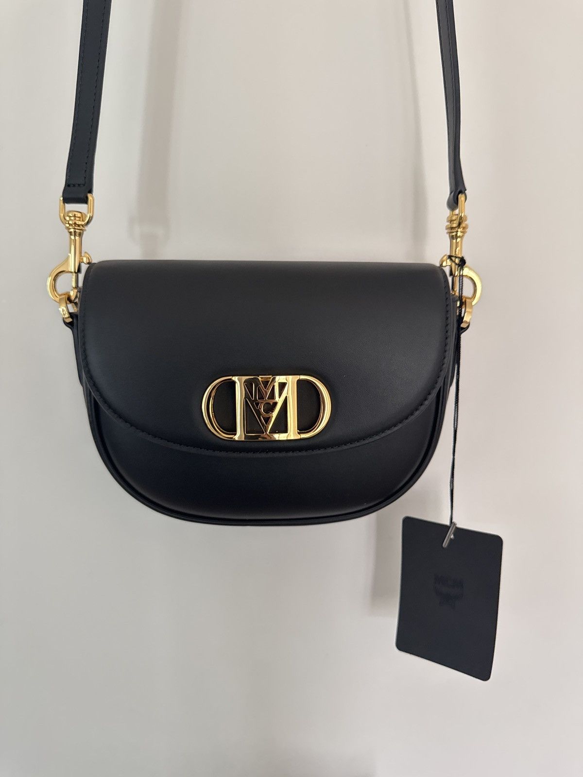 MCM Tracy Shoulder Bag - Black Leather With Gold Logo - New, Women's