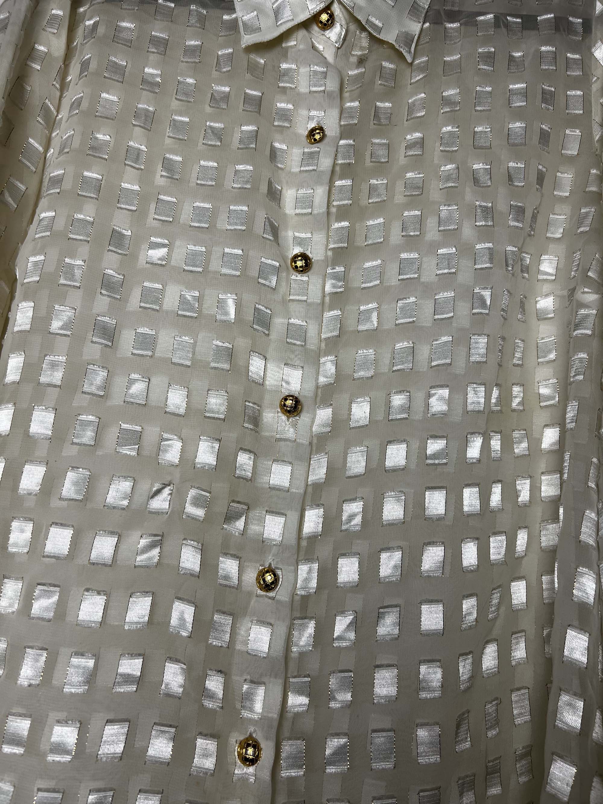 Vintage Vintage 1980's White Gold Block Patterned Sheer Button Up Size L / US 10 / IT 46 - 4 Thumbnail