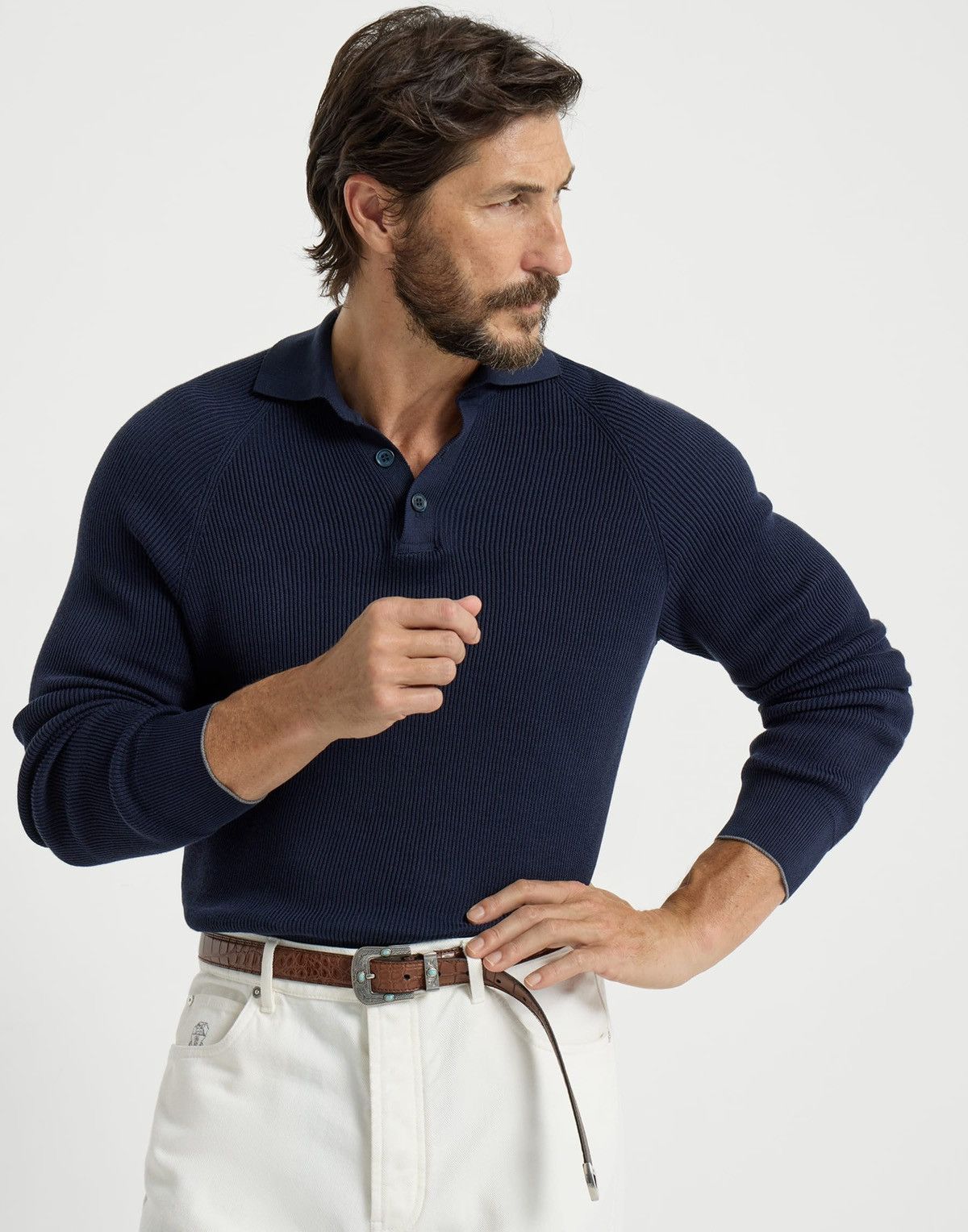 Brunello Cucinelli Brunello Cucinelli Knit Long-sleeved Navy Blue Polo Sweater Size US M / EU 48-50 / 2 - 3 Thumbnail
