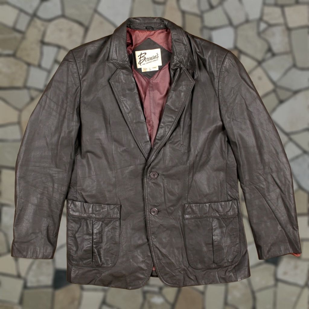 Ben Sherman VINTAGE Bermans Leather Blazer Jacket Mens 44 Grey Lined Button Front 80s Pockets Retro Jacket Size 44R - 1 Thumbnail
