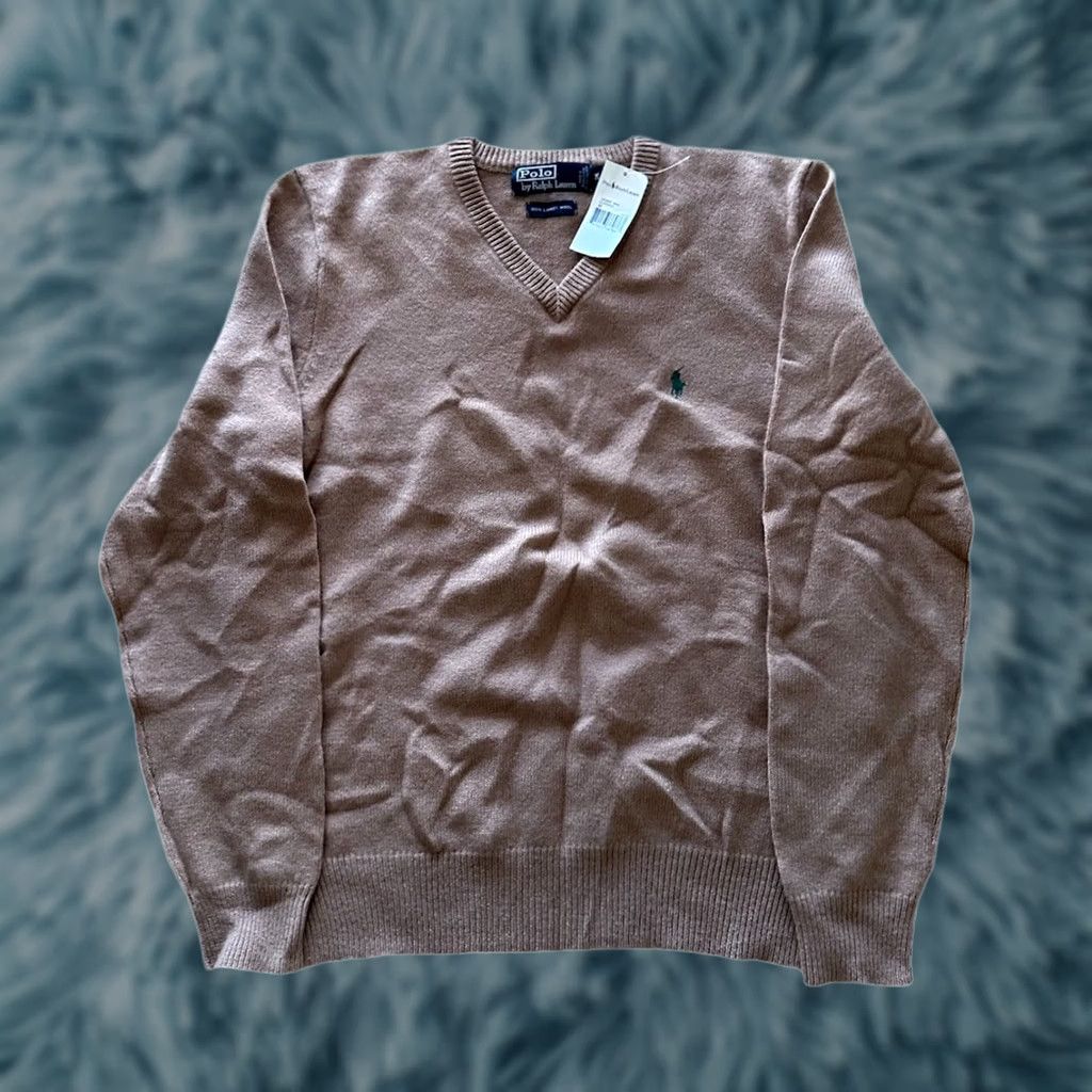 Polo Ralph Lauren VINTAGE Polo Ralph Lauren Sweater 100% Lambs Wool V-Neck Pullover Men M Beige Wool Knit Embroidered Logo Size US M / EU 48-50 / 2 - 1 Thumbnail