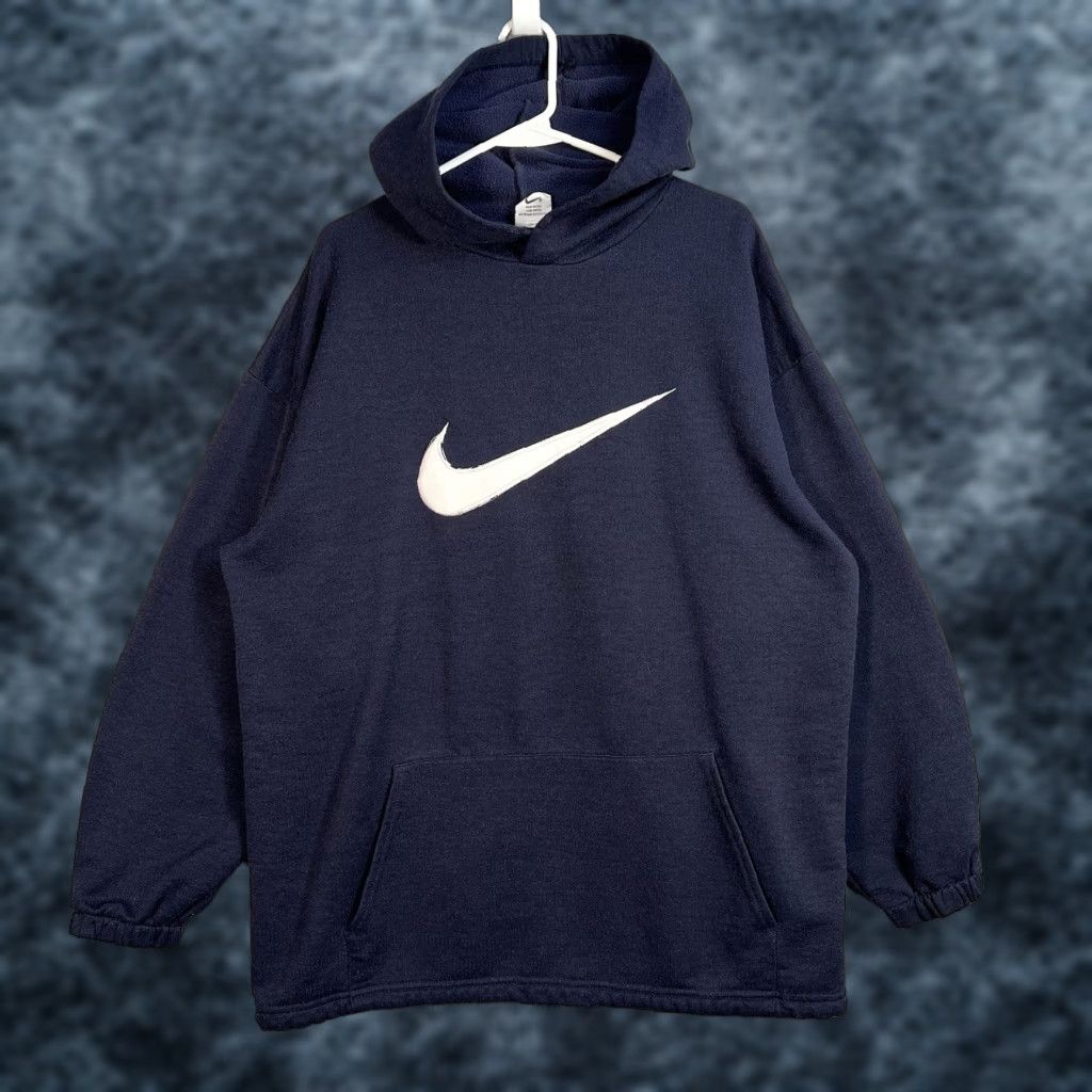 VINTAGE Nike Hoodie Pullover 90s Big Swoosh Blue Adult Large Mens