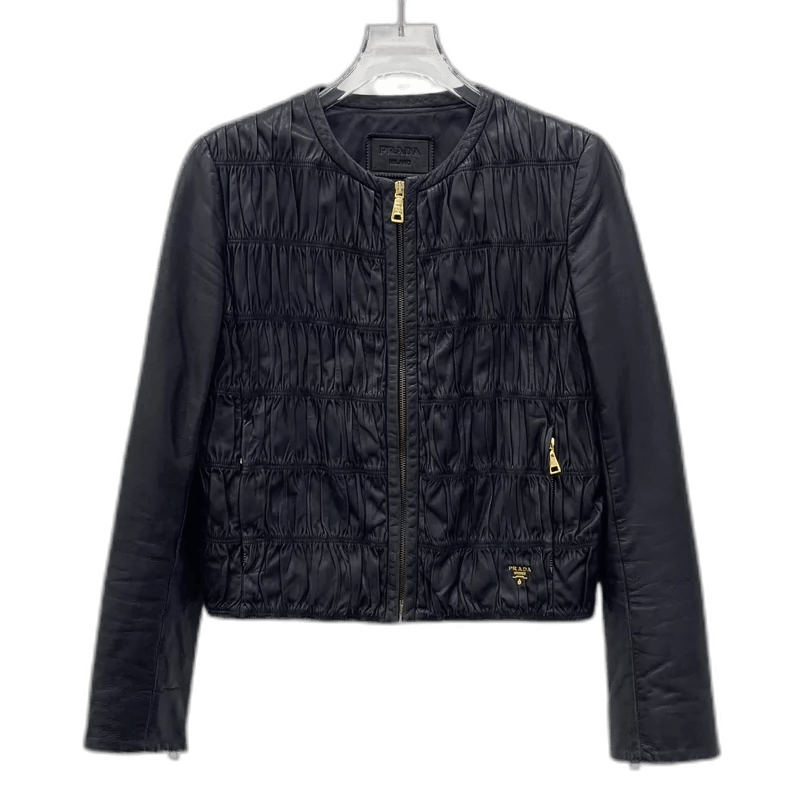Prada Prada Black Pleated Leather Long Sleeve Jacket -2505 Size US S / EU 44-46 / 1 - 1 Thumbnail