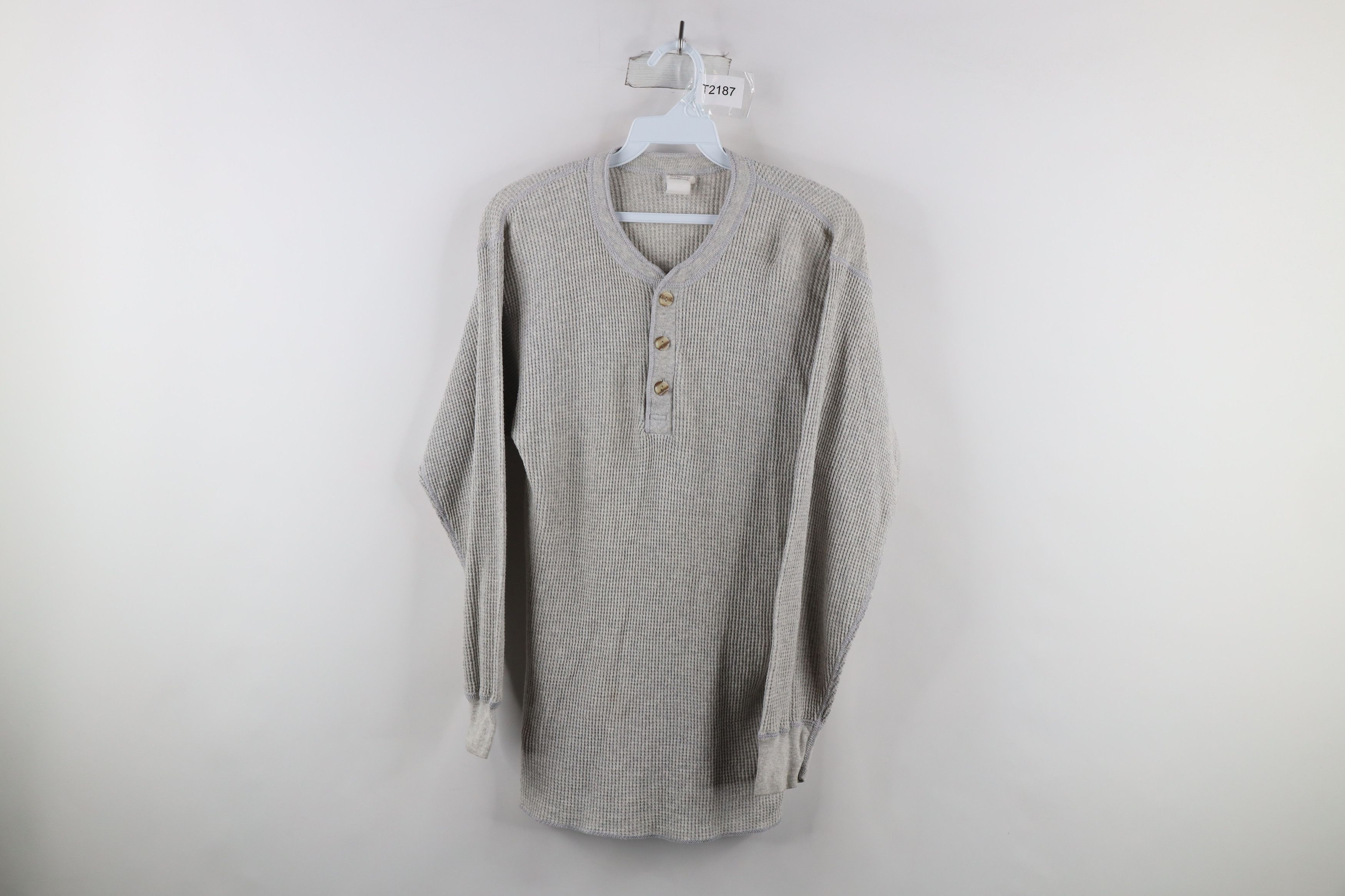 Hanes Vintage 90s Hanes Waffle Knit Henley T-Shirt Heather Gray Size US L / EU 52-54 / 3 - 1 Thumbnail