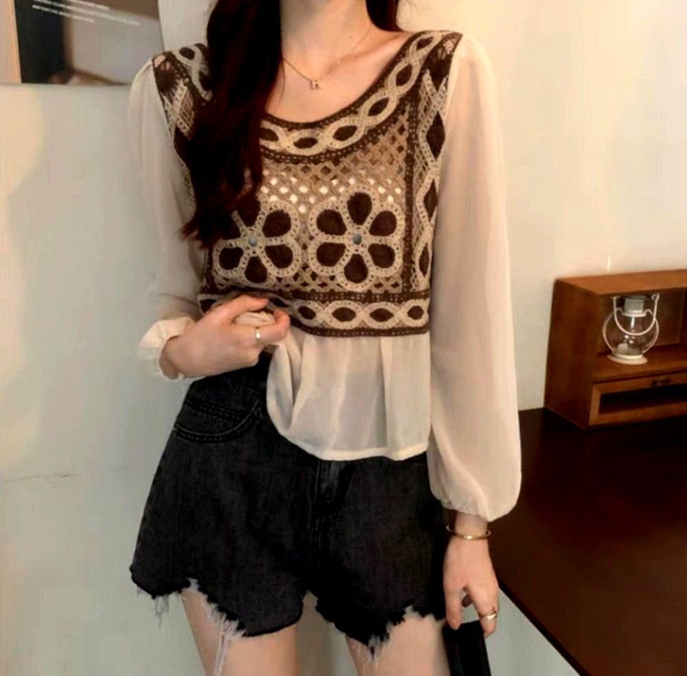 Japanese Brand × Vintage Vintage Punk Chiffon Floral Crochet Knit Embroidery Blouse Size ONE SIZE - 1 Thumbnail