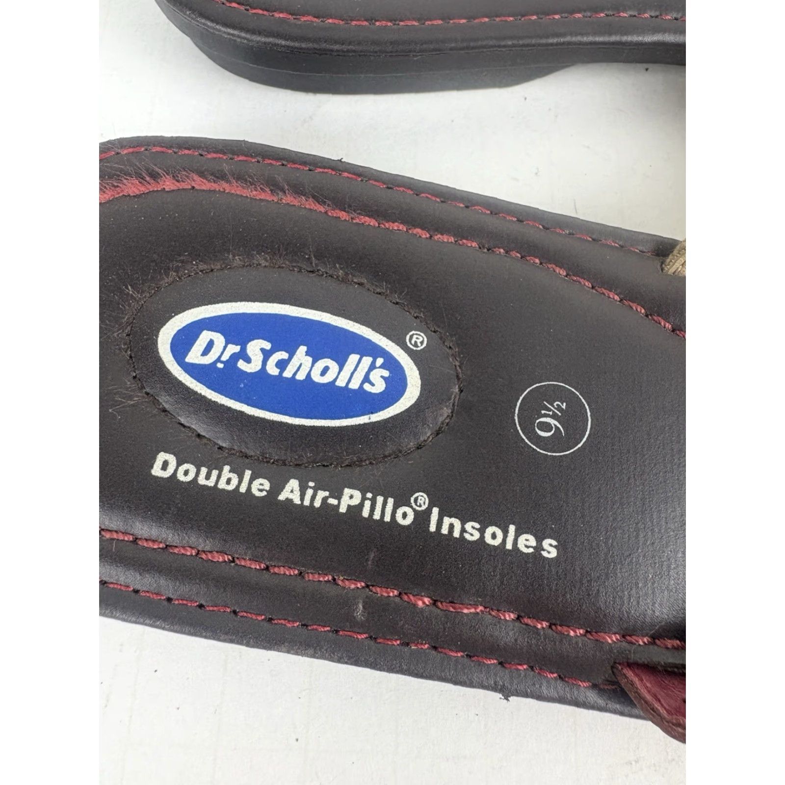 Scholl VINTAGE Dr Scholls Wyoming Flat Slides Womens Size 9.5M Open Toe Slip On Leather Canvas Red/Tan Casual Summer Women Size US 9.5 / IT 39.5 - 3 Thumbnail