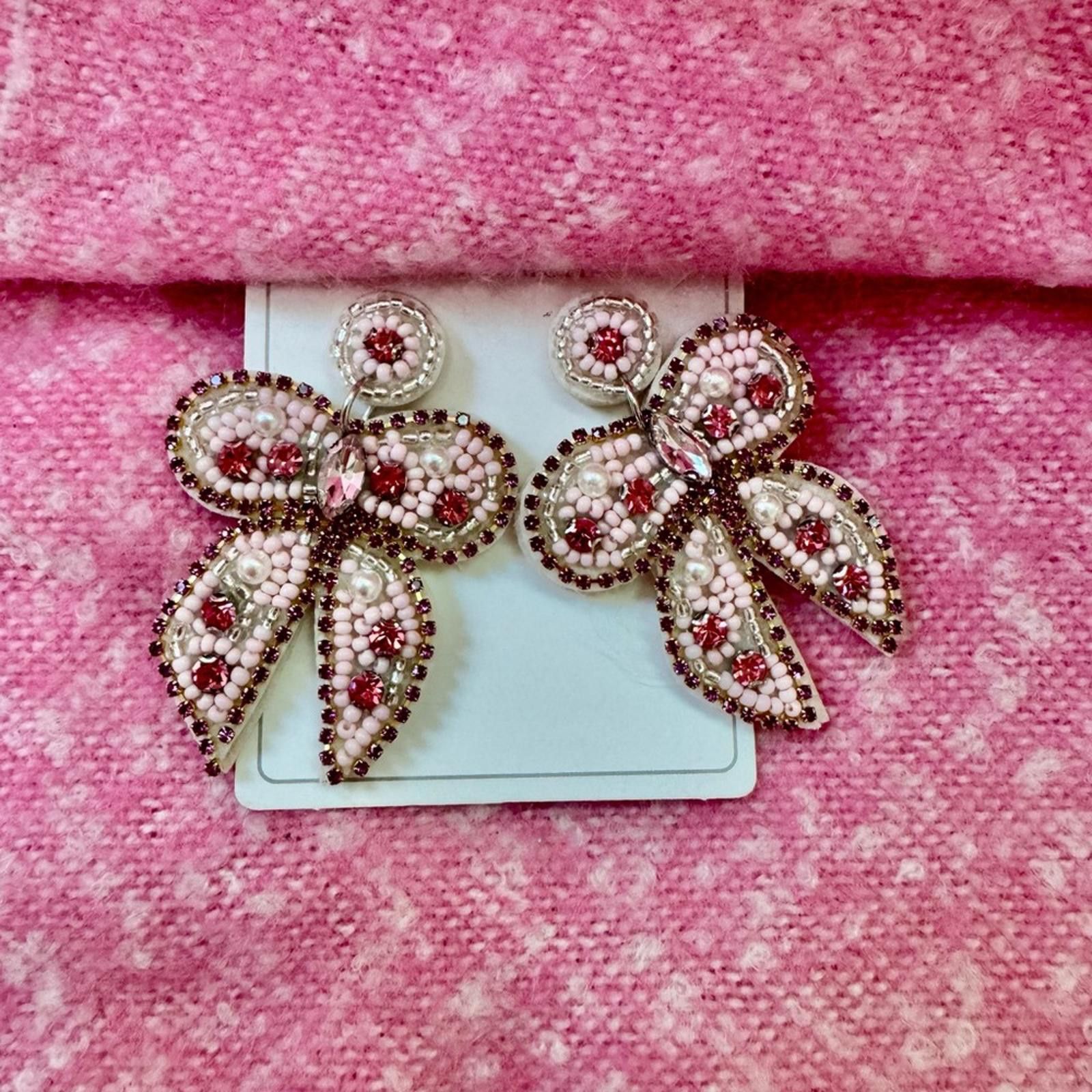 Designer Elegant Pink Beaded Bow Earrings Size ONE SIZE - 2 Thumbnail