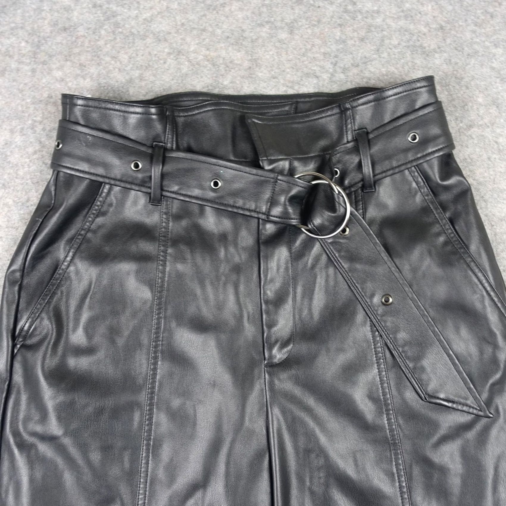 Marissa Webb Marissa Webb Pants Womens 10 Black Faux Leather Paperbag Tapered Slit Hem Edgy Size 32" / US 10 / IT 46 - 2 Thumbnail