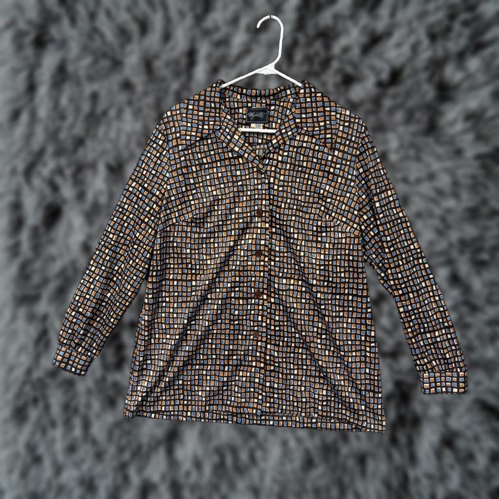 Vintage VINTAGE Mynette Blouse Geometric Brown 18 Women's Long Sleeve Button Front Collared ILGWU Secretary Modern Retro 70s Size XXL / US 16-18 / IT 52-54 - 1 Thumbnail