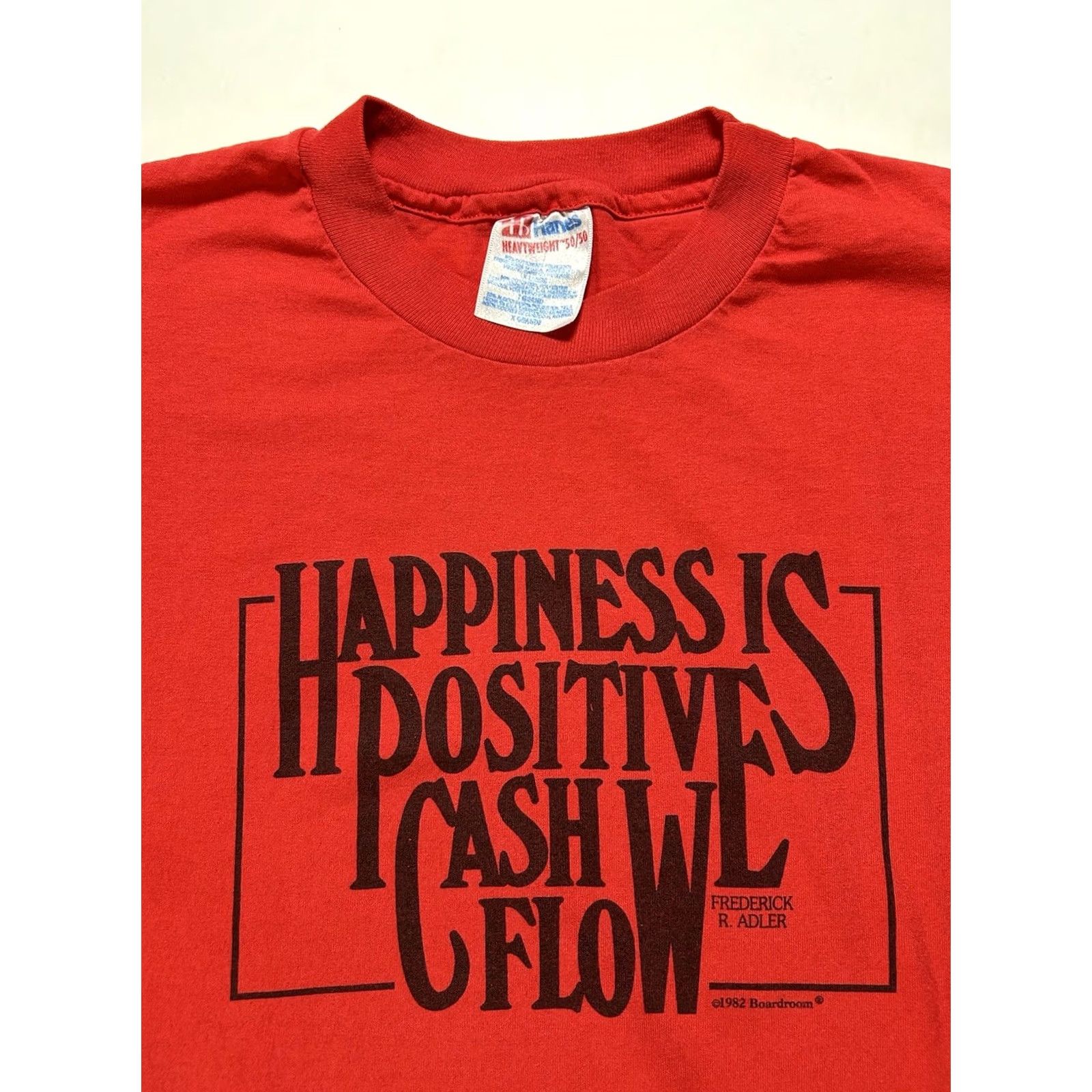 Hanes VINTAGE Happiness Is Positive Cash Flow Frederick R. Adler Boardroom Tee XL 90s Red Unisex Size US XL / EU 56 / 4 - 2 Thumbnail