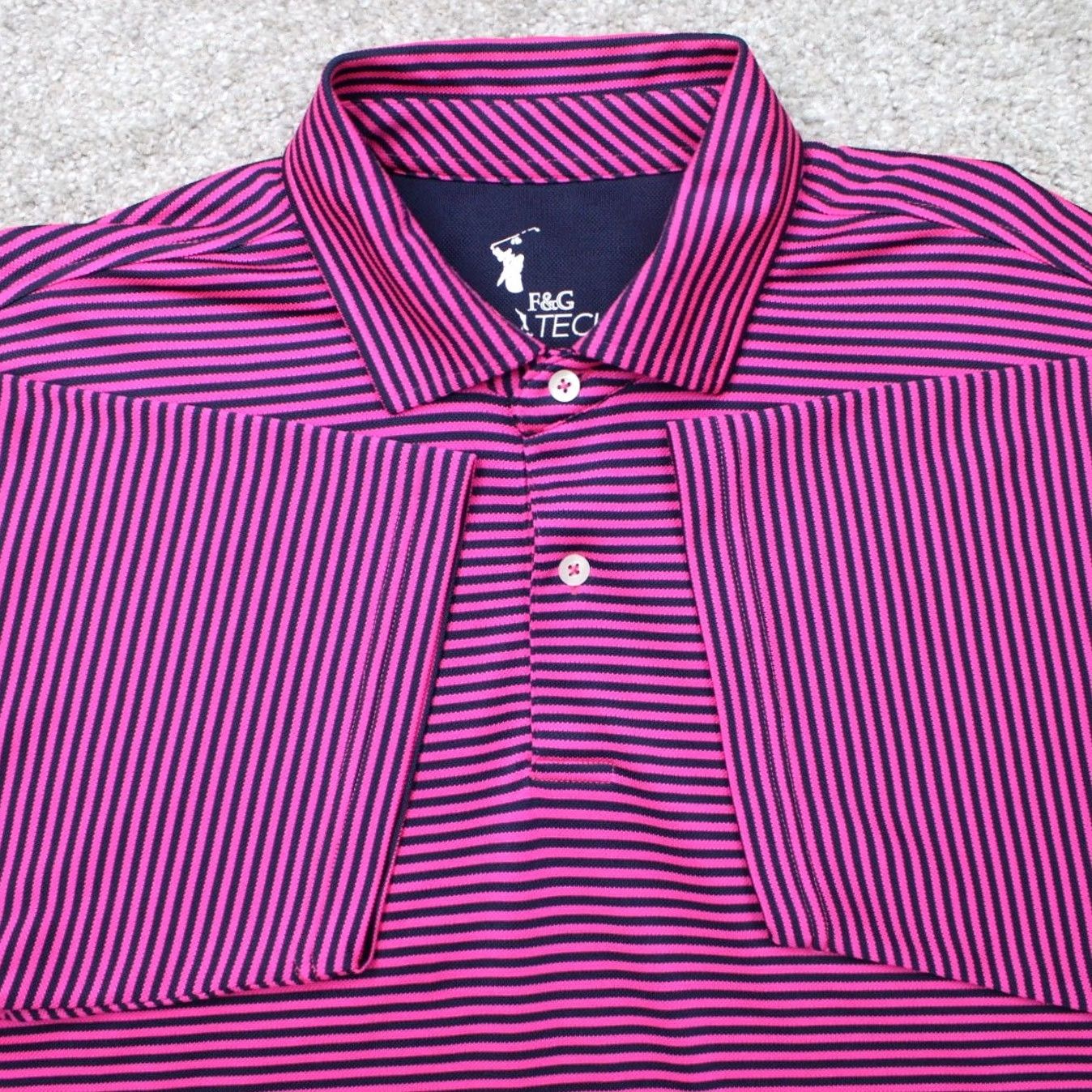 Vintage F&G Tech Polo Shirt Mens Large Pink/Blue Striped Wicking Polyester Short Sleeve Shirt Size US L / EU 52-54 / 3 - 2 Thumbnail