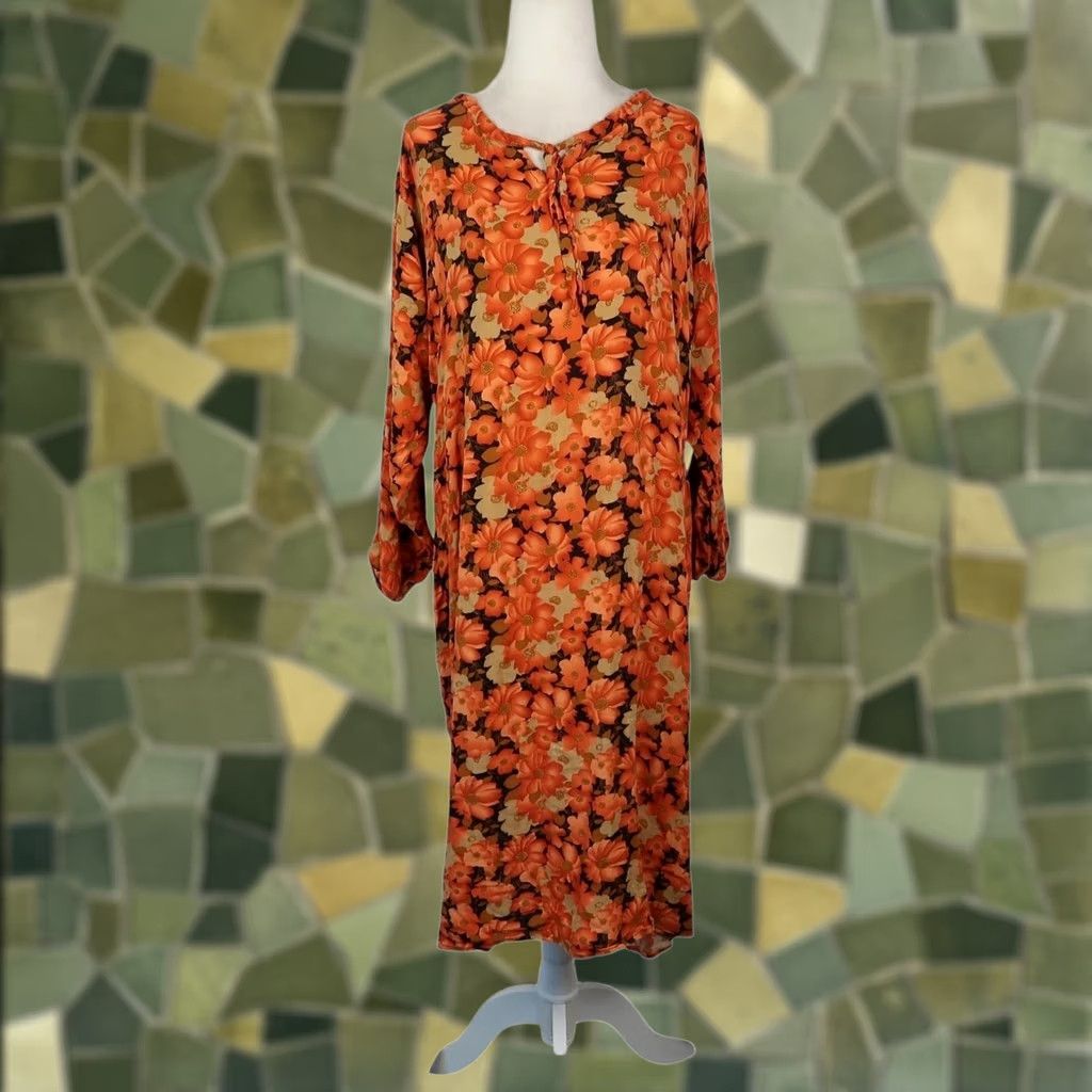 Vintage VINTAGE Orange Floral Print Long Sleeve Flow y Midi Dress L Women Bohemian 90s Casual Size L / US 10 / IT 46 - 1 Thumbnail