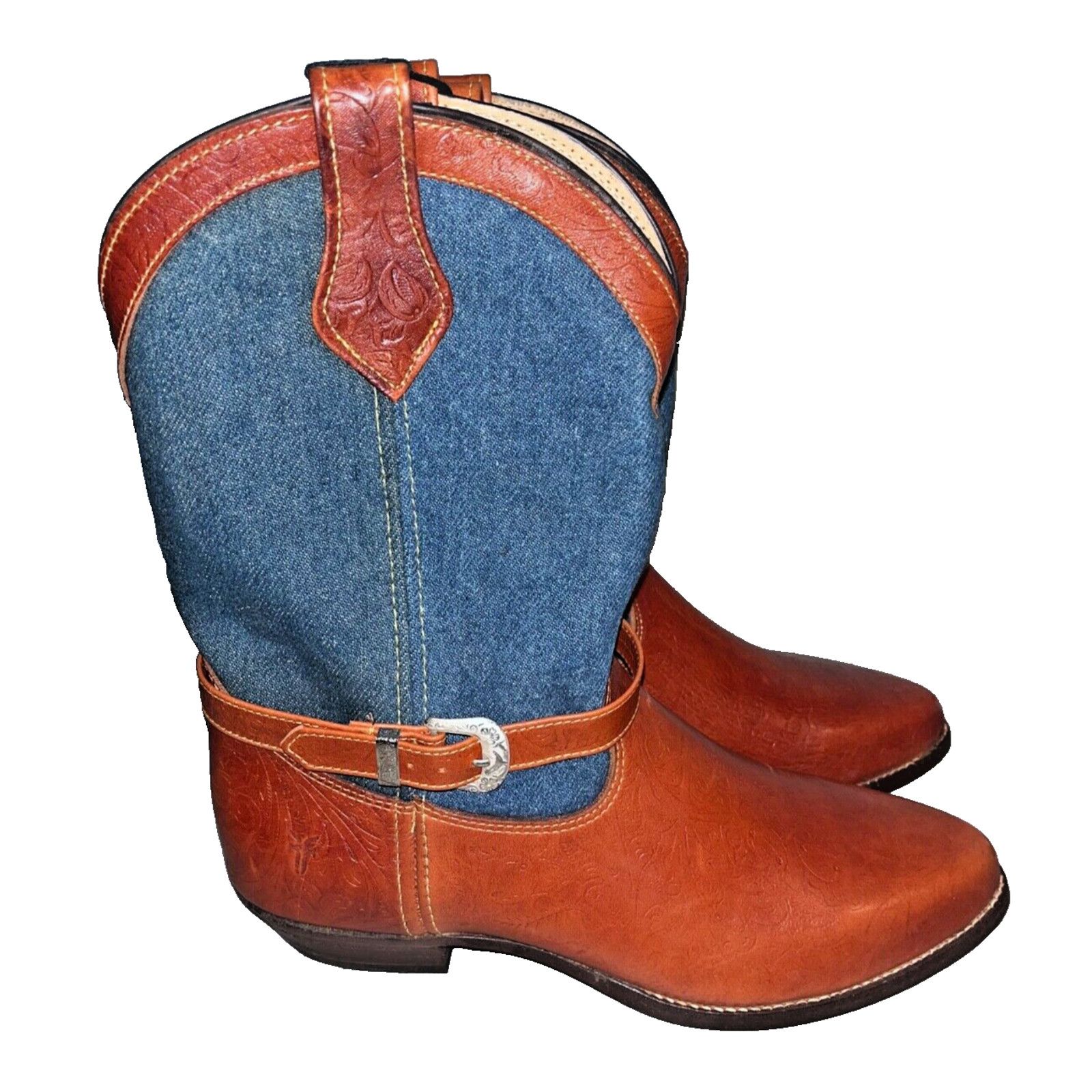 Frye Frye Cowboy Boots Denim Leather Silver Buckles Vintage Sz 8 Size US 6 / IT 36 - 6 Thumbnail