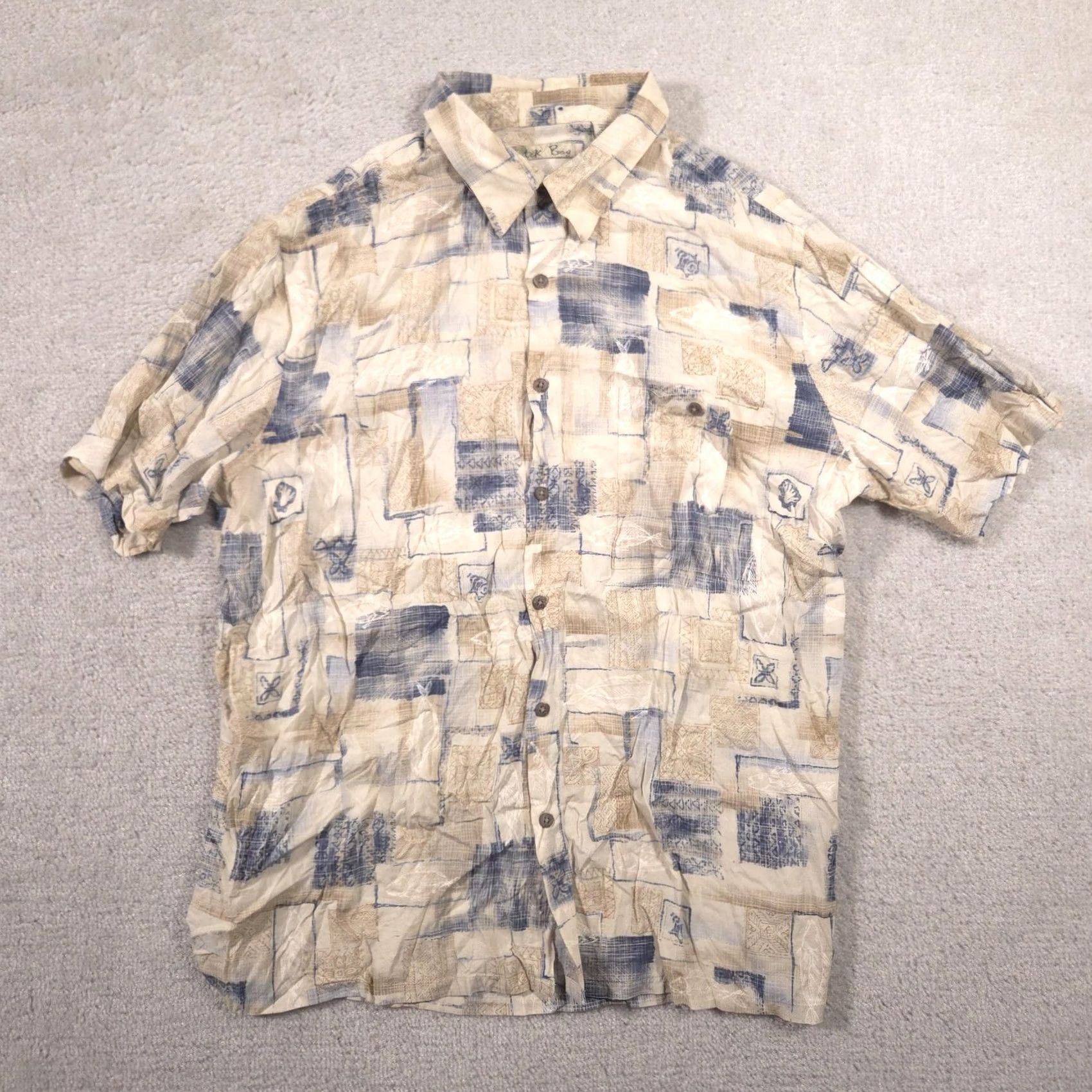 Vintage Batik Bay Shirt Mens XL Beige Geometric Rayon Button Front Short Sleeve Tropical Size US XL / EU 56 / 4 - 2 Thumbnail