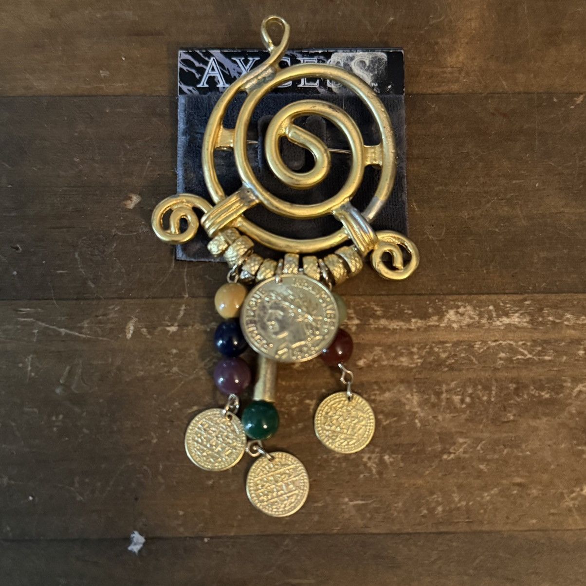 Vintage Vintage gold tone swirly brooch w/dangling beads and coins Size ONE SIZE - 2 Thumbnail