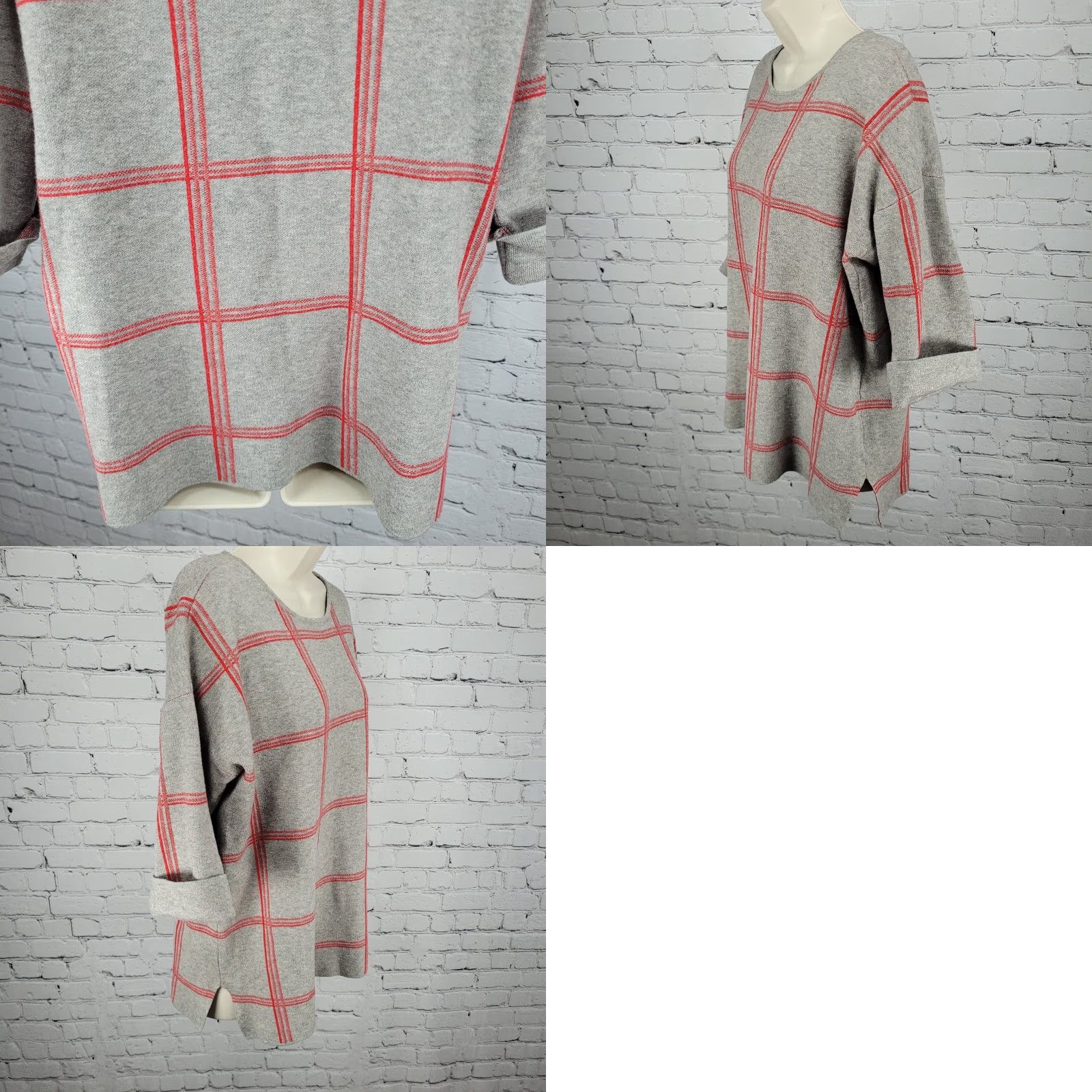 Vintage Tahari Sweater Shirt 1X Womens Casual Classic Check 3/4 Sleeve Pullover Grey Red Size XL / US 12-14 / IT 48-50 - 8 Thumbnail