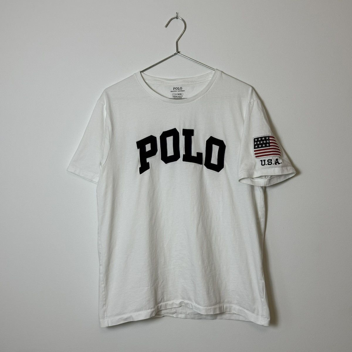 Polo Ralph Lauren Vtg Polo Ralph Lauren Arc Logo USA Flag Patch Tee Size US L / EU 52-54 / 3 - 1 Thumbnail