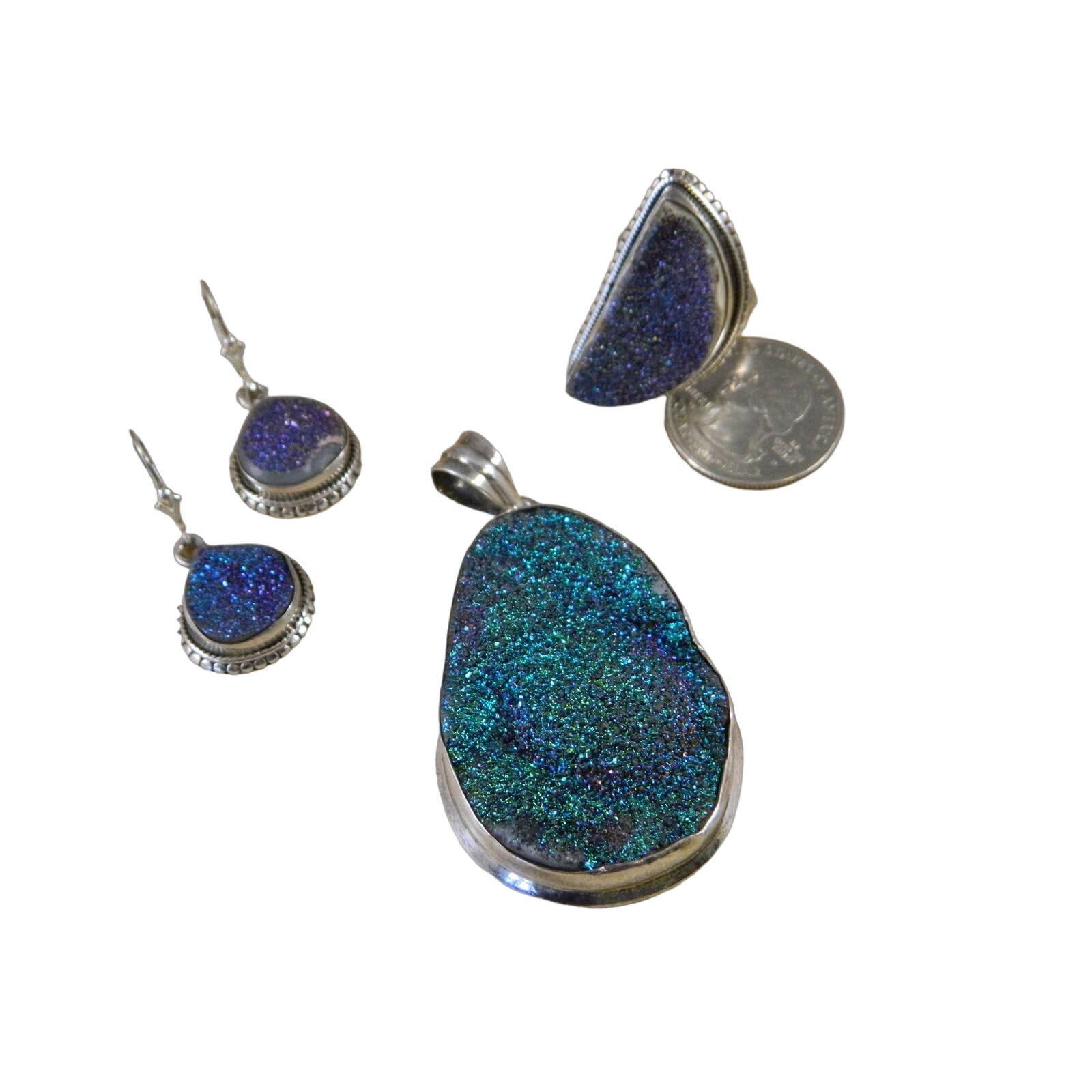 image of Vintage Sterling Silver Blue Drusy Quartz Pendant, Earrings, Men's