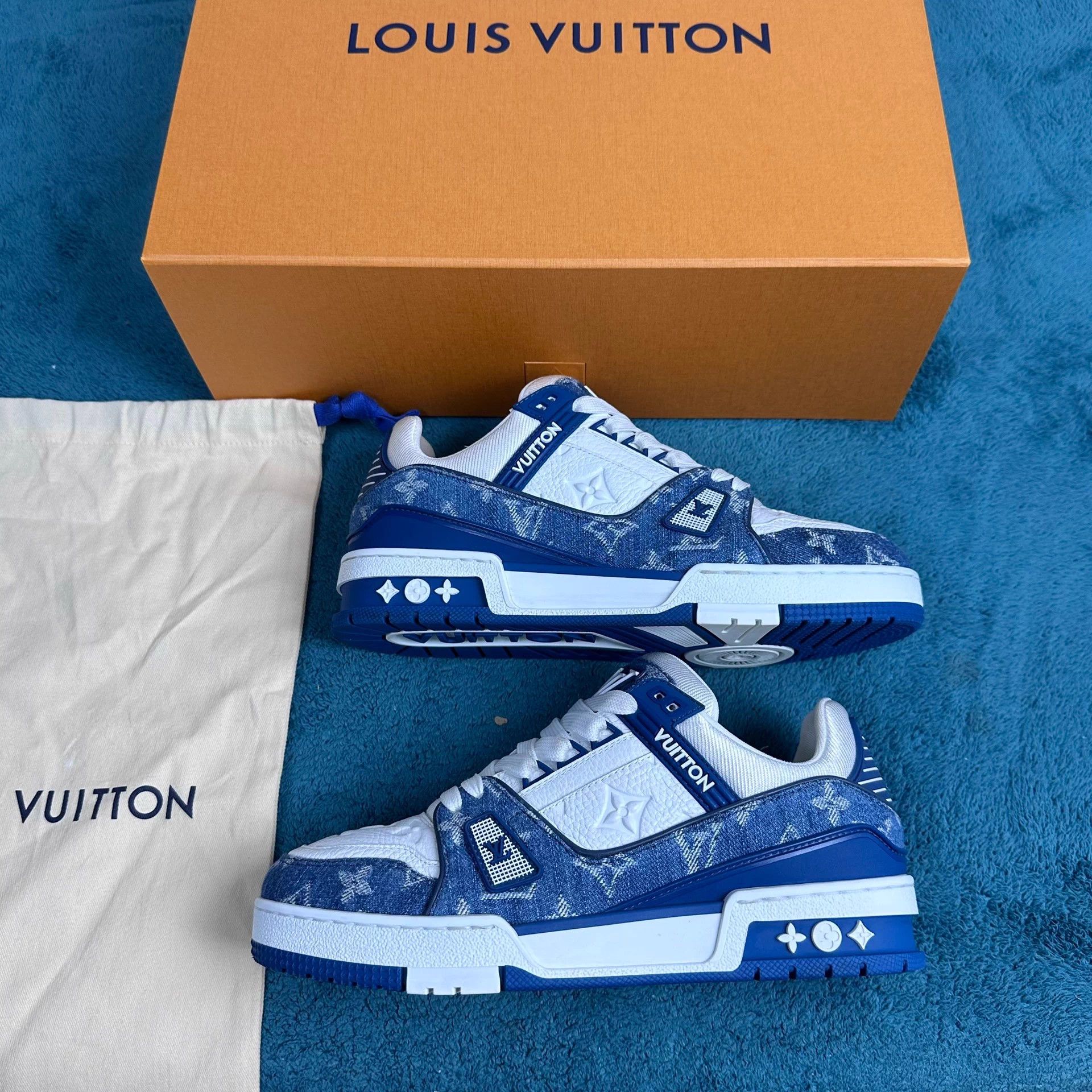 Louis Vuitton LV Trainer White Blue All Over Print Denim Size US 7 / IT 37 - 2 Thumbnail
