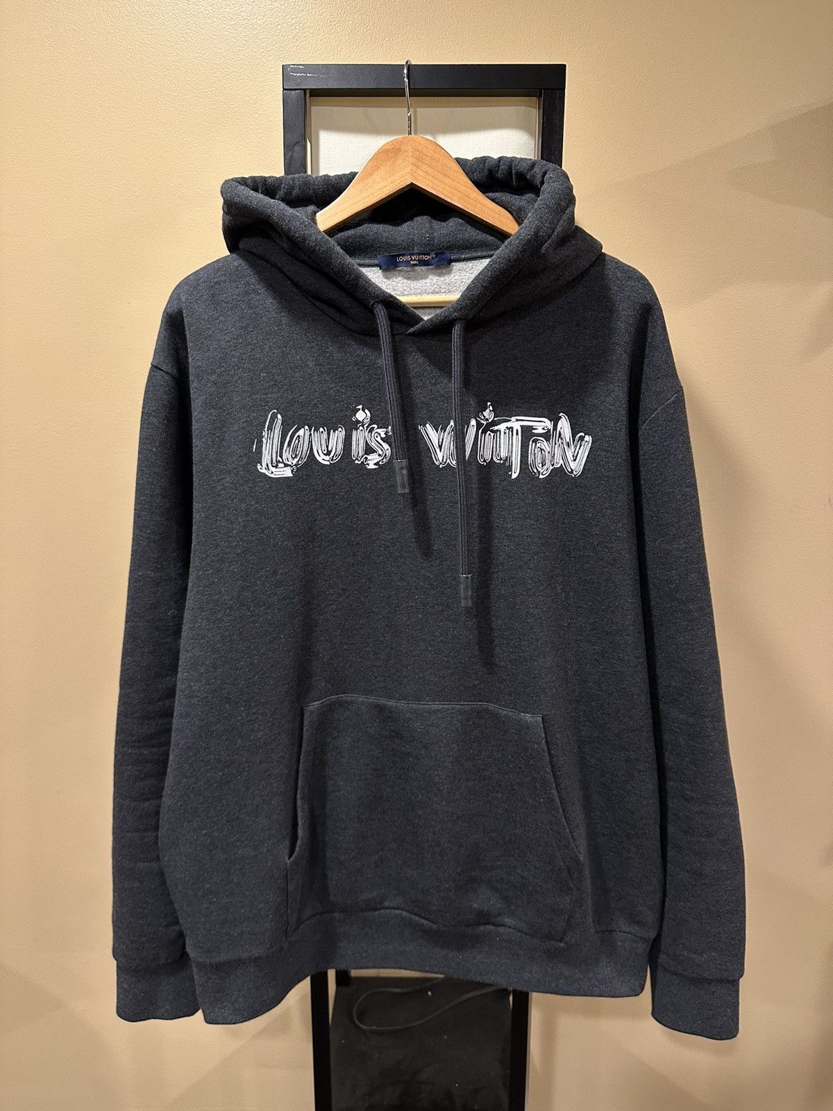 Image of Louis Vuitton Charcoal Grey White Script Logo Hoodie, Men's (Size 2XL)