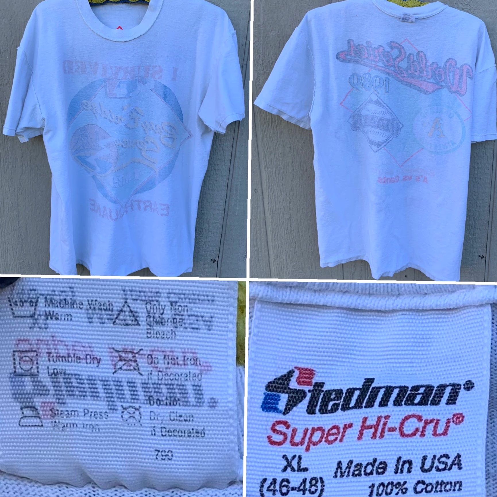 Vintage VINTAGE I Survived Bay Bridge Series 1989 Earthquake World Series t-shirt XL Shirt Men White 1989 Earthquake World Series A’s Giants Graphic Tee Size US XL / EU 56 / 4 - 6 Thumbnail
